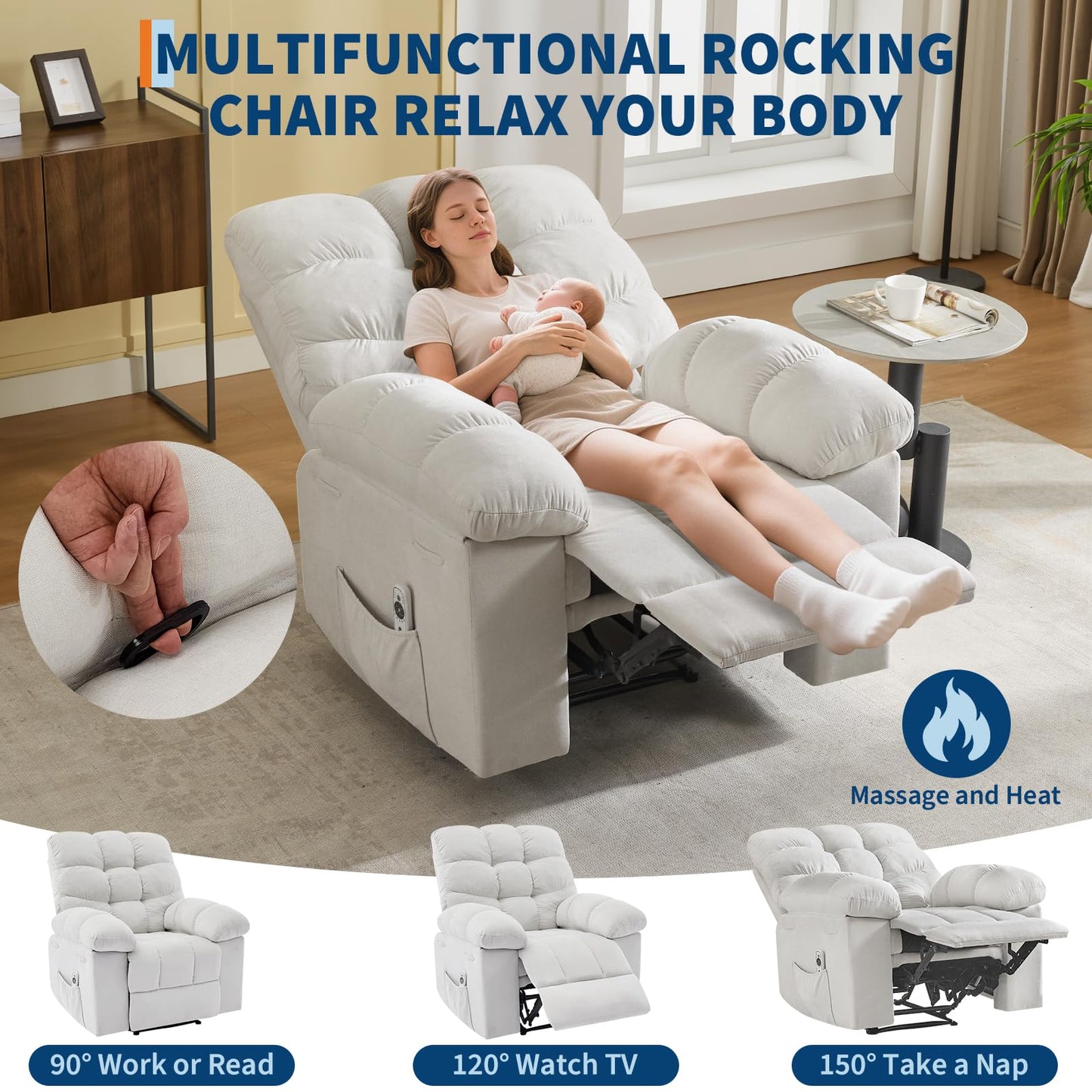 21.4'' Wide Recliner Chair,Massage & Heat Recliner Chair for Adults,Home Theater Seating with Lumbar Support,Ergonomic Breathable Fabric Nursery Rocking Chairs for Living Room