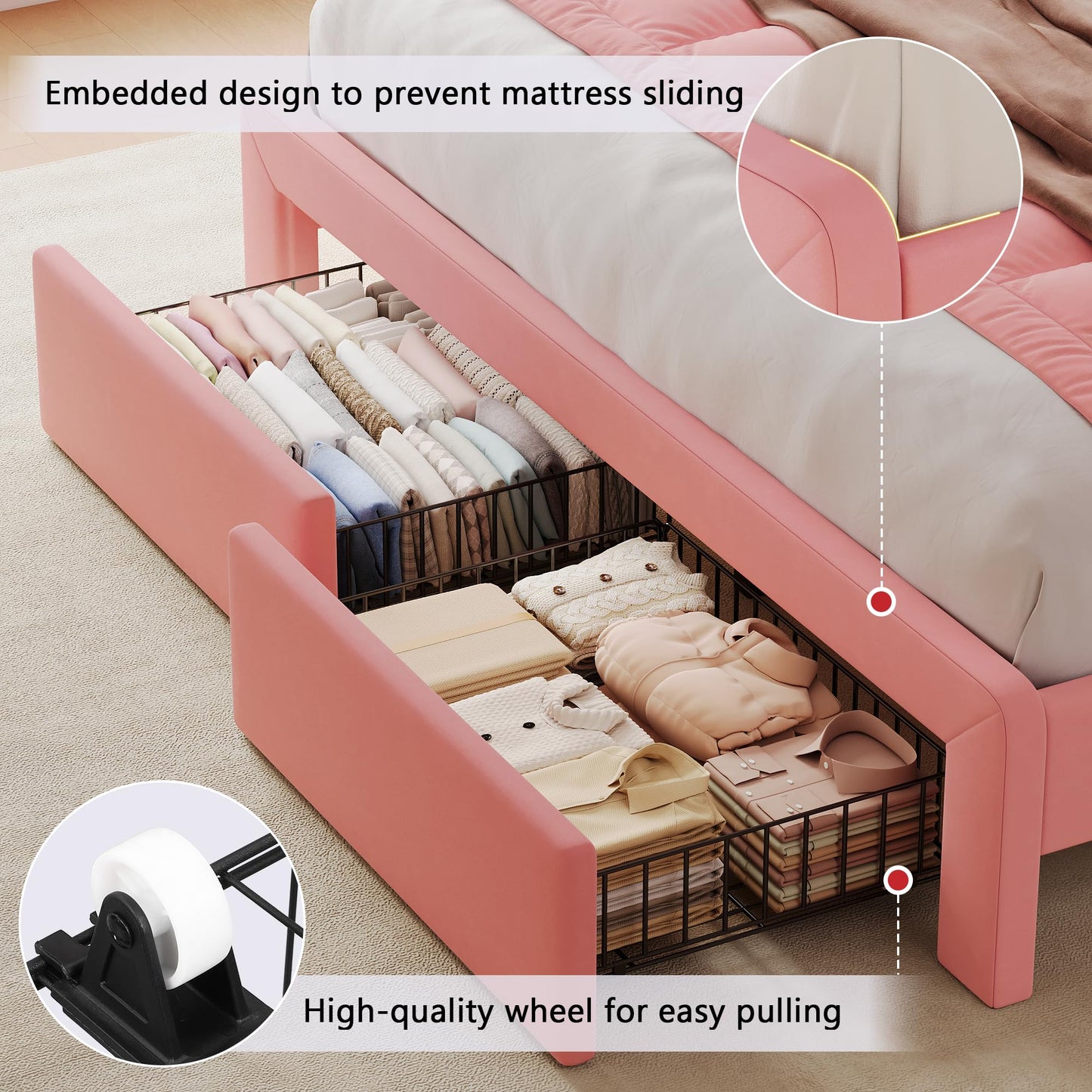 Feonase Full Upholstered Bed Frame with Headboard and 2 Storage Drawers, Built-in Charging Station, Velvet Platform LED Bed with Solid Wood Slat Support, No Box Spring Needed, Pink