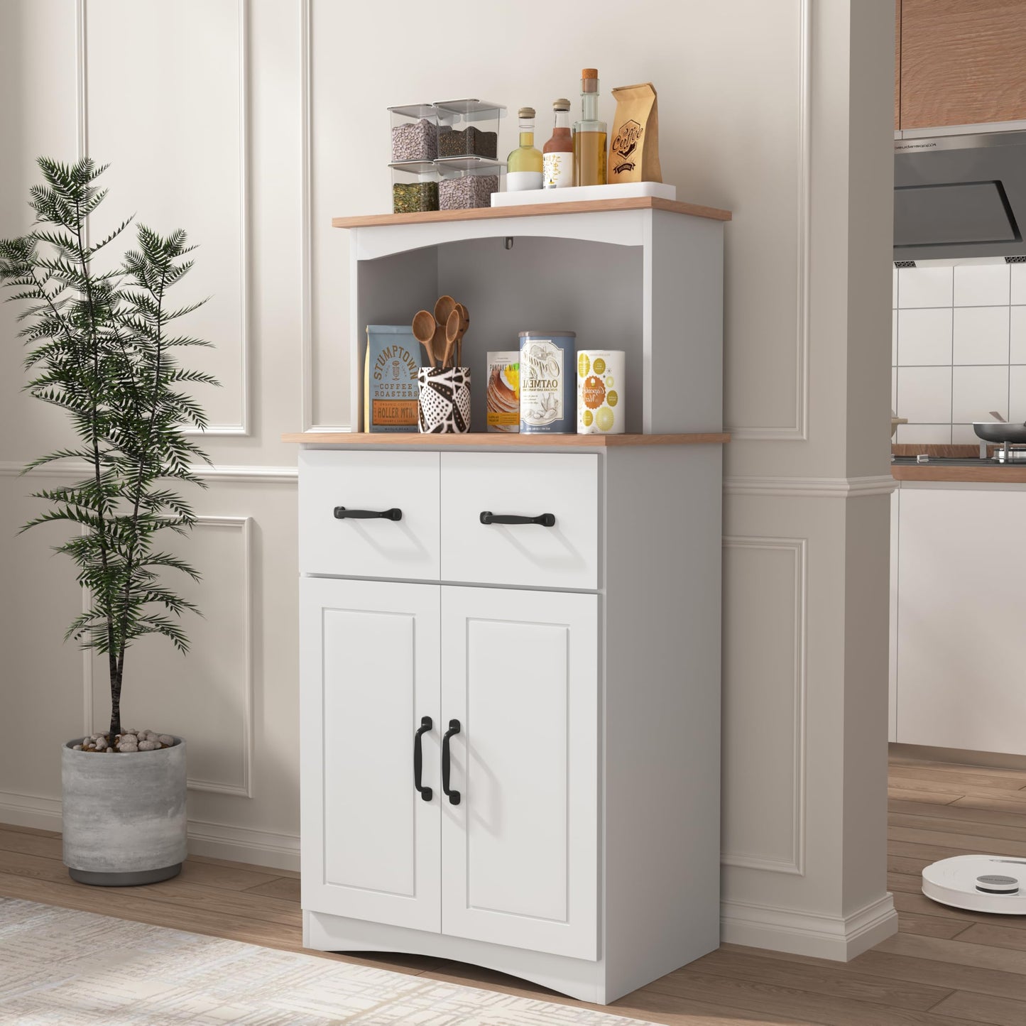 GDFStudio Wooden Kitchen Pantry Cabinet with Microwave Stand & Storage Drawer, Modern MDF Storage Cabinet with Adjustable Shelf, 2 Doors, Rectangle Home Organization Cupboard, White