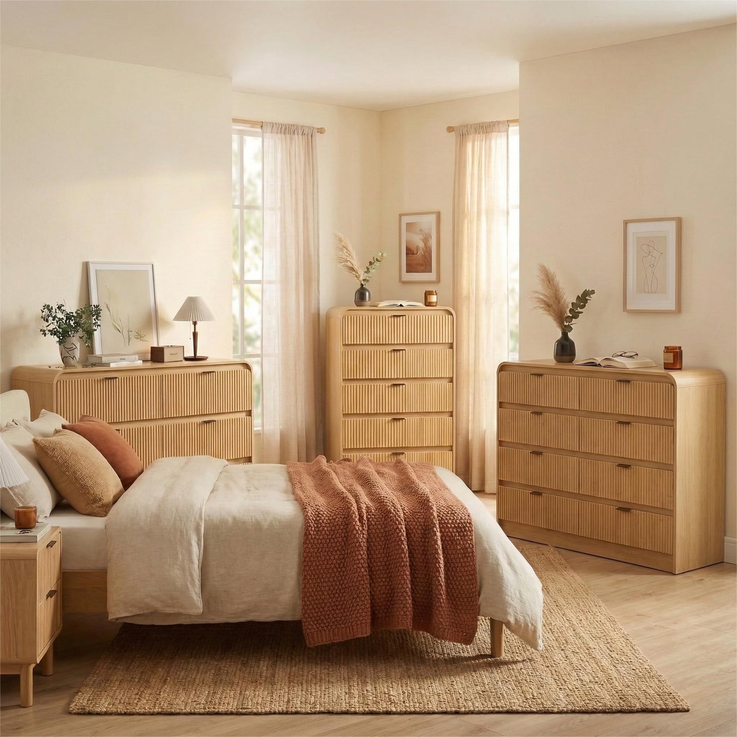 FURSUN Fluted 6 Drawers Dresser for Bedroom, 54" Wide Wooden Dresser with Metal Handle, Curved Profile Design, Modern Storage Organizer for Bedroom, Living Room, Hallway, Natural Oak