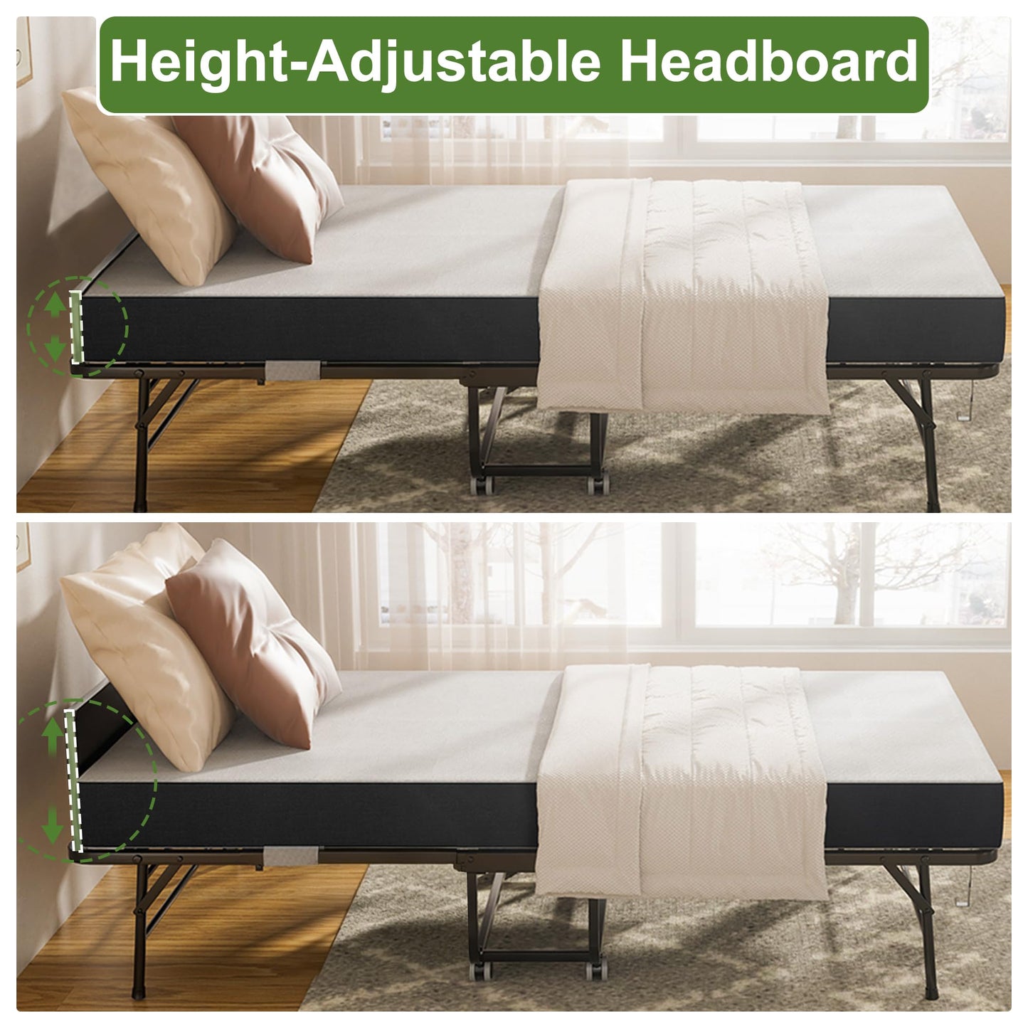 FLIXELIO Folding Bed with Mattress for Adults, 75" x 46" Rollaway Guest Bed with 5" Memory Foam and Adjustable Headboard, Heavy-Duty Steel Bed Frame Supports 500LBS, Foldable Bed with Lockable Wheels