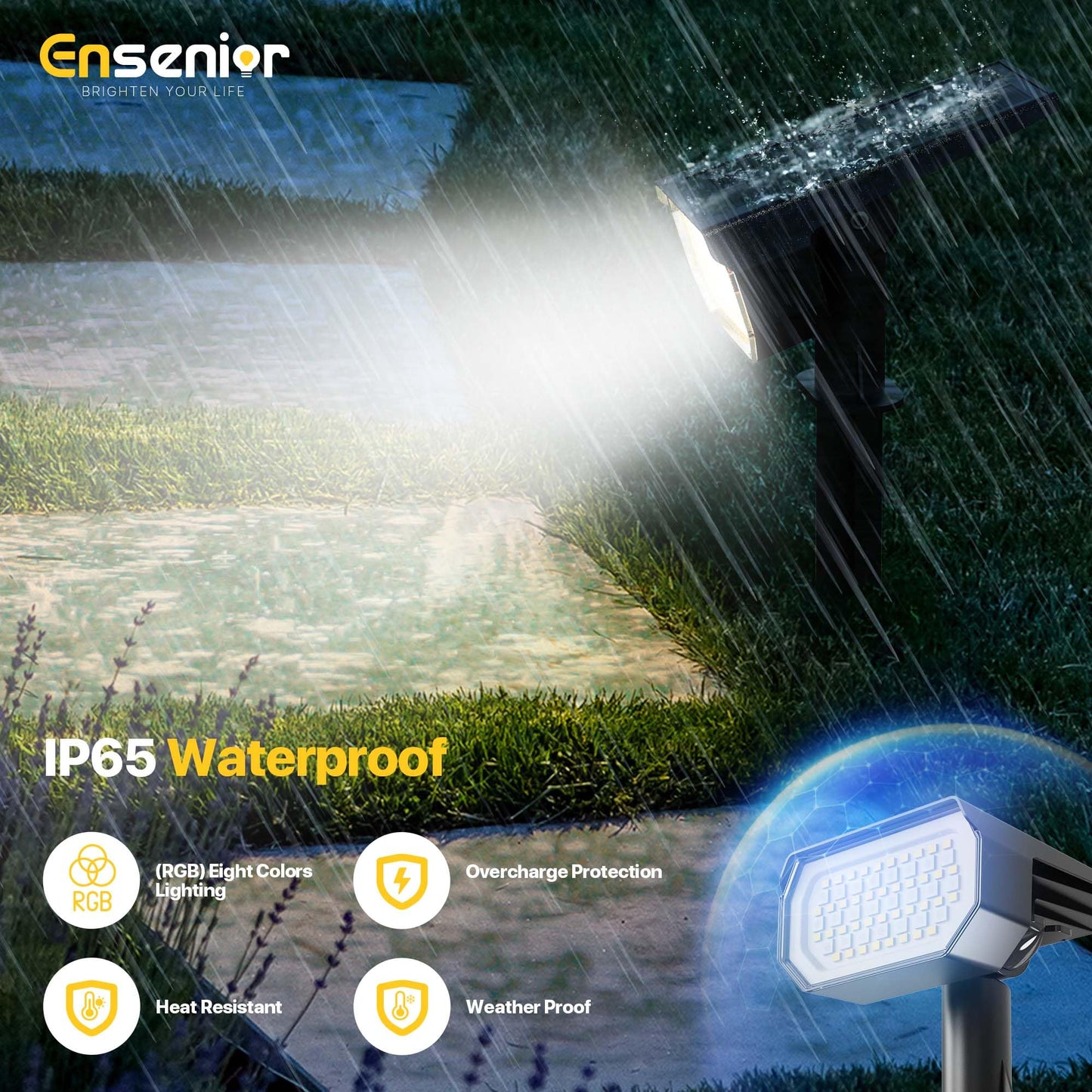 Ensenior Solar Spotlights Outdoor RGB Color Changing, 7+1 Modes, Automatic ON/OFF, Pack of 4, Waterproof Landscape Lighting