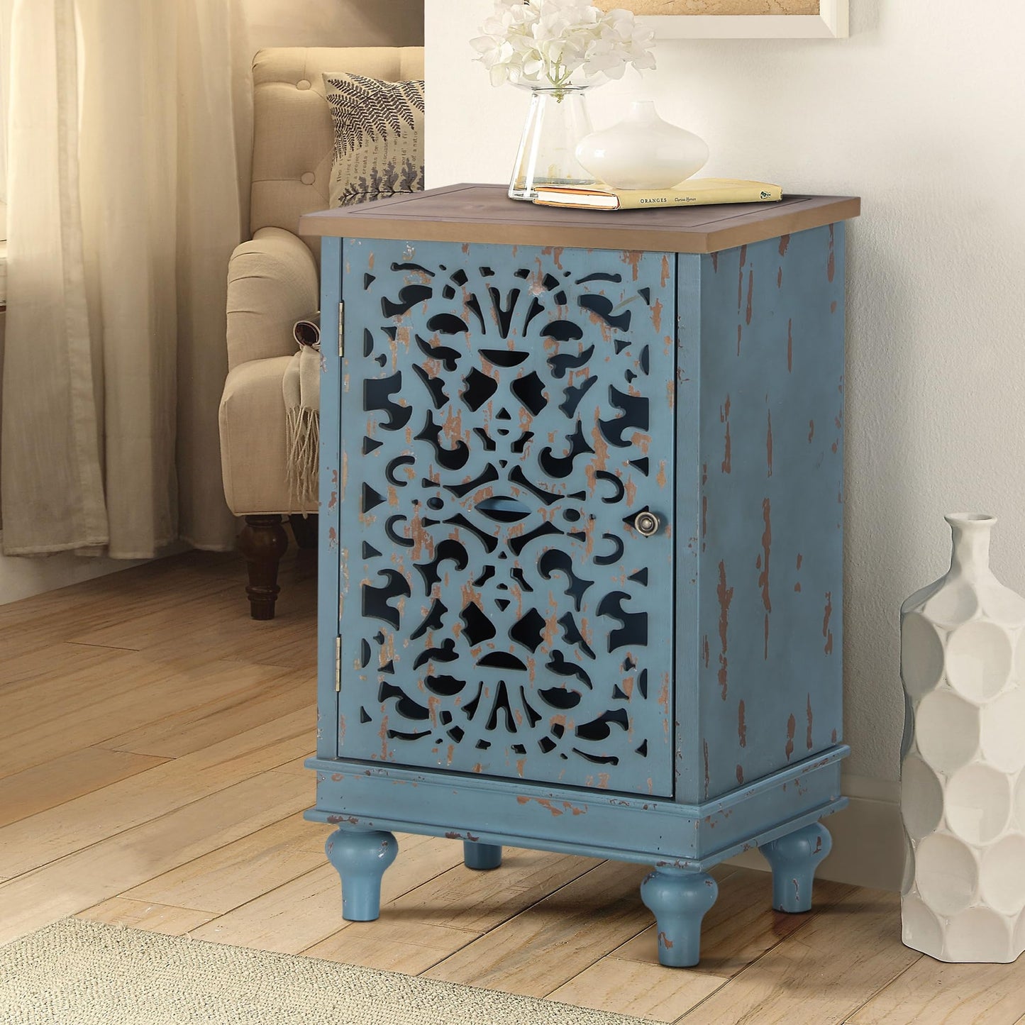 GREEN PARTY Accent Storage Cabinet End Table Nightstand Sofa Table with Single Door Teal Floral Pattern for Living Room, Bedroom, Coffee Table, Teal Floral