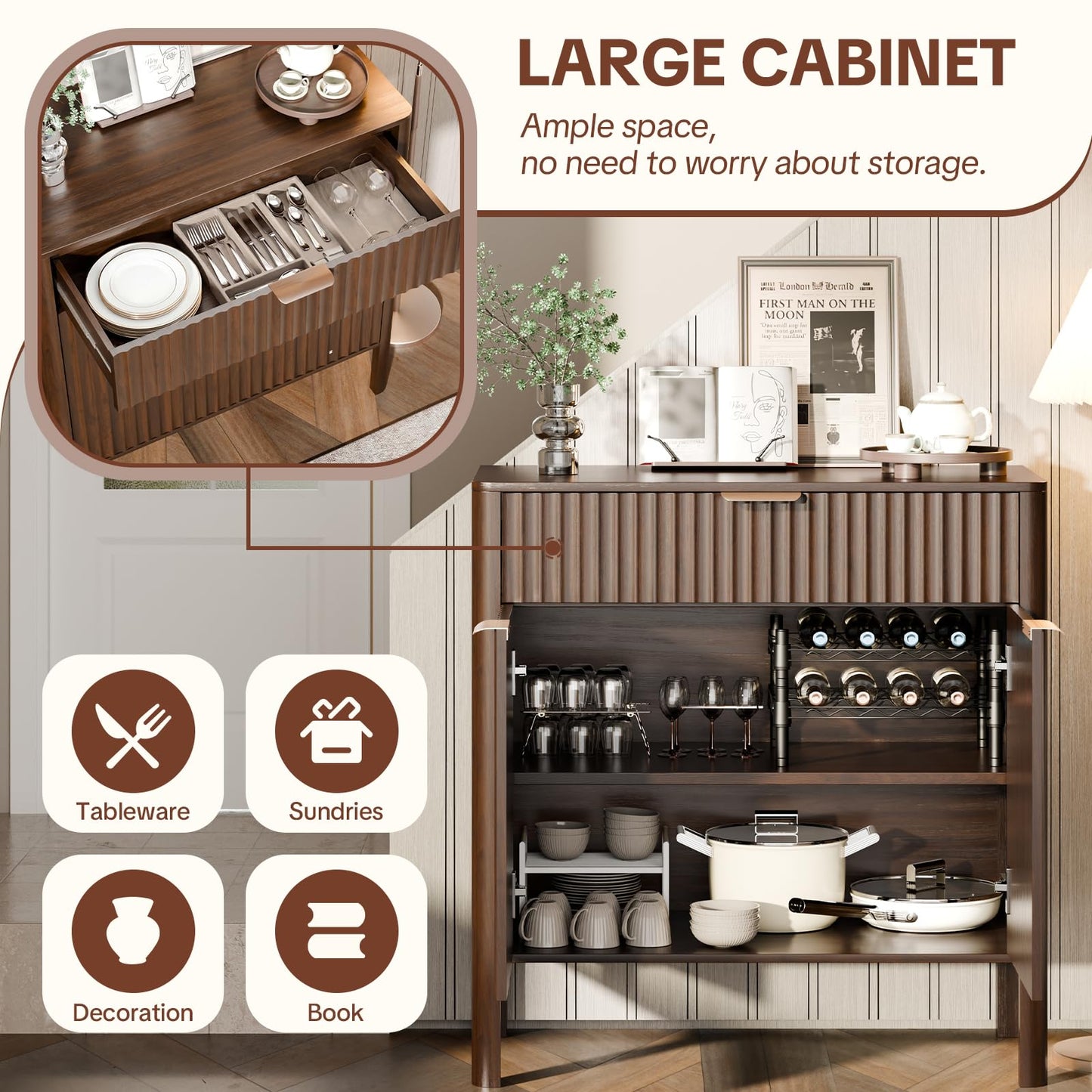 CozyMine Fluted Buffet Cabinet Accent with Doors & Drawer 31" Walnut