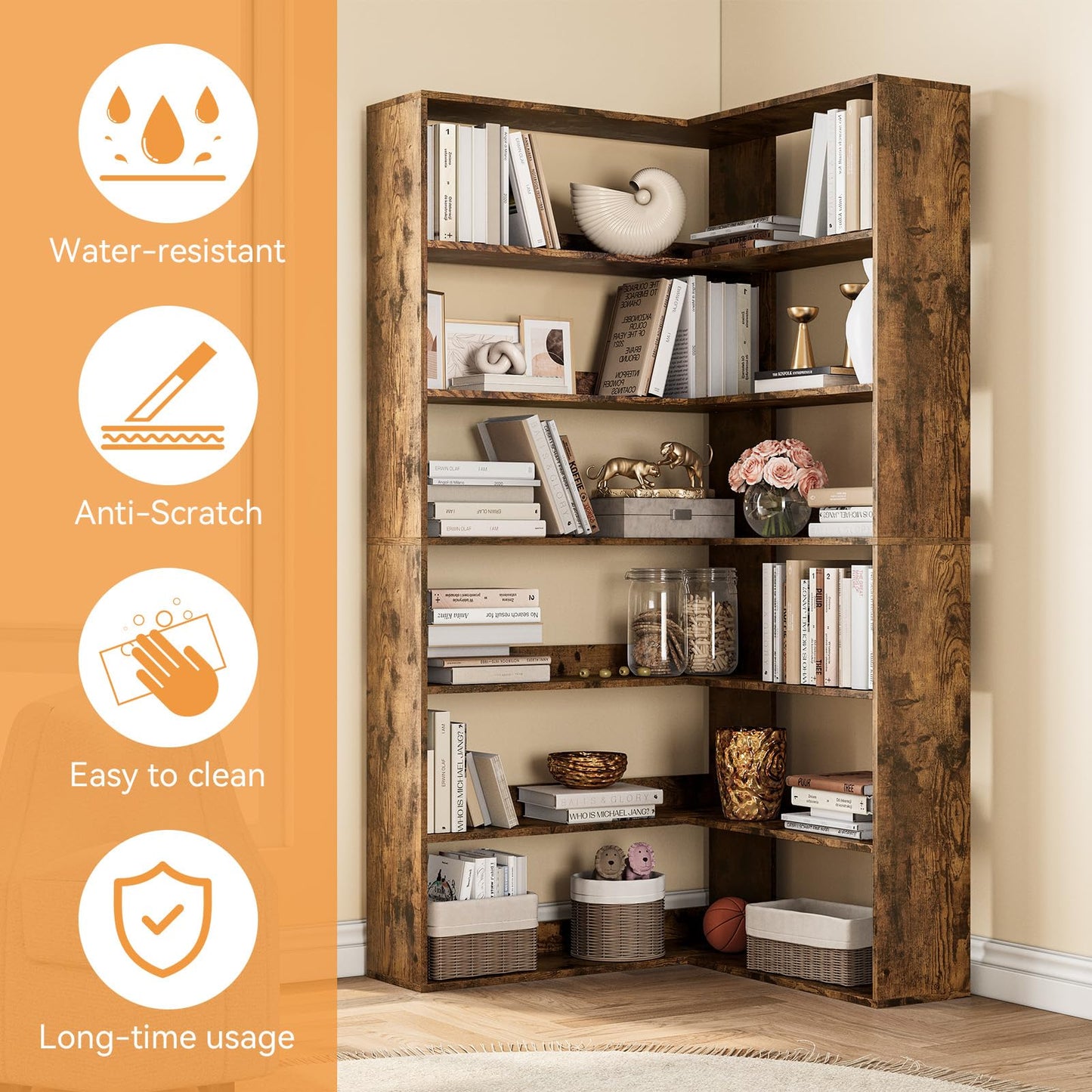 IDEALHOUSE Corner Bookshelf, 6 Tiers Corner Bookcases with Baffles, Corner Shelf L Shaped Bookshelf Storage Display Rack Living Room Bedroom