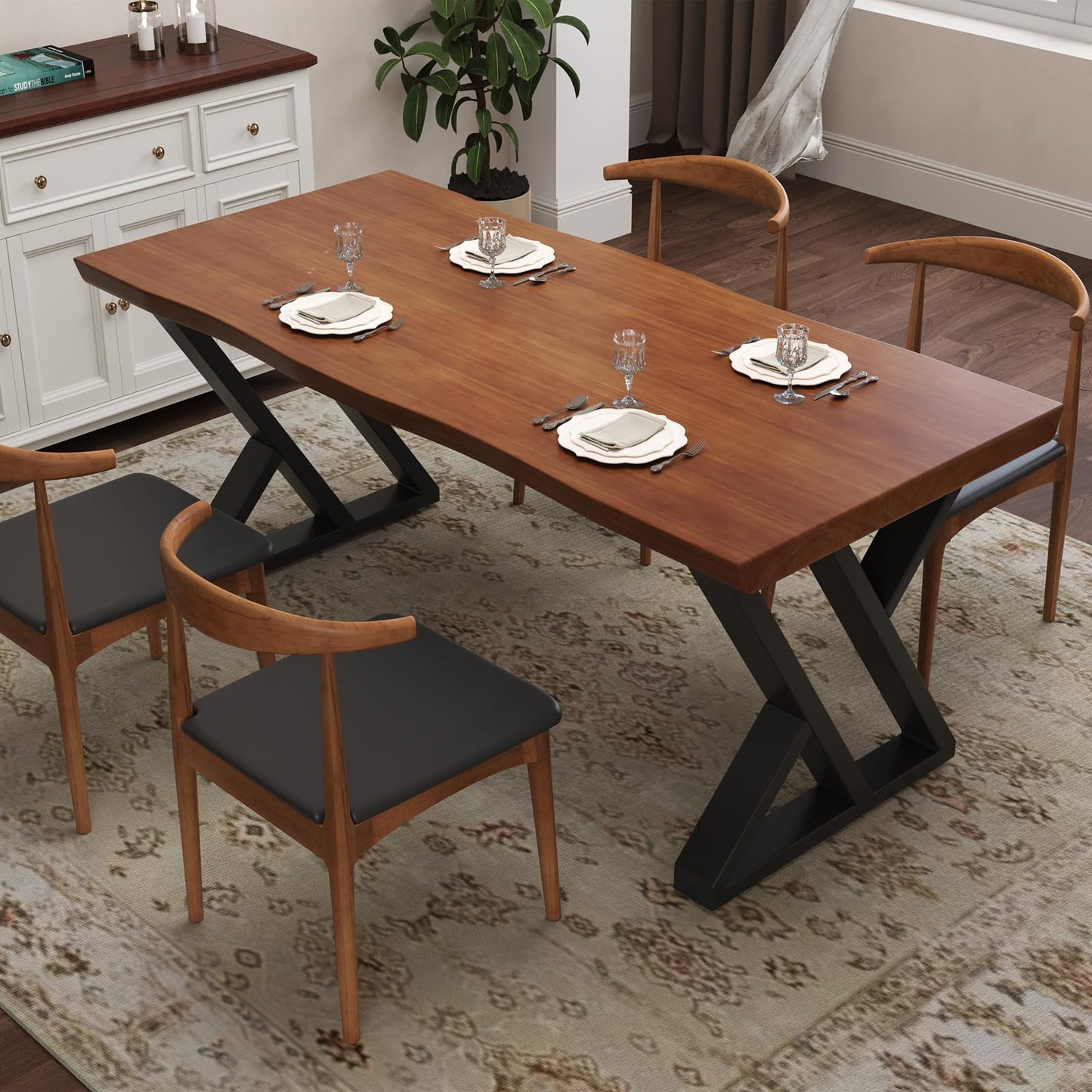 tiedingding 47" Solid Wood Dining Table, Rectangular Kitchen Table with Irregular Live Edge & Thick Tabletop, X-Shape Metal Legs, Oil Proof & Easy Clean, Rustic Brown， for 2-4 People