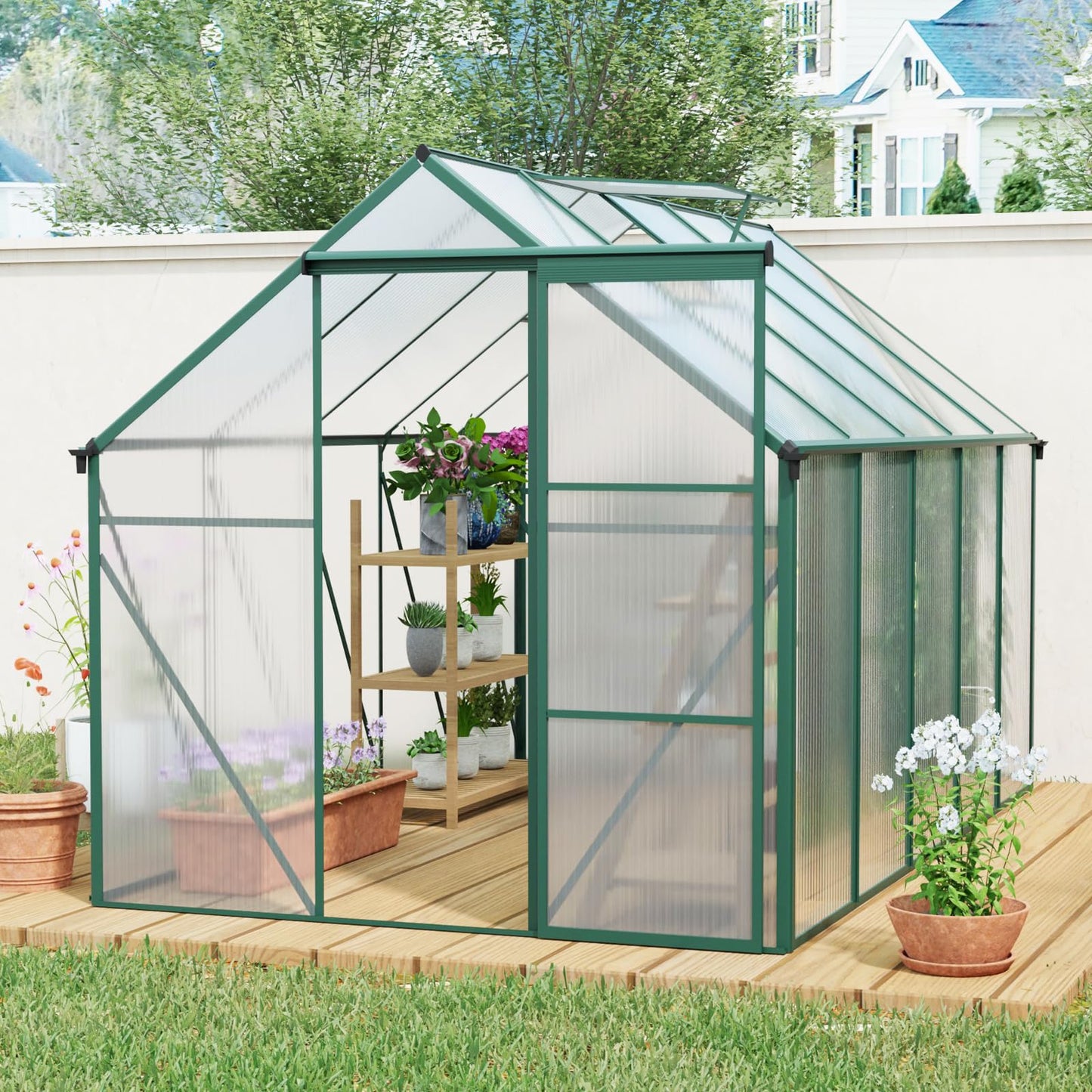KEIKI 6x10 FT Polycarbonate Greenhouse with Aluminum Frame,Raised Base and Roof Vent,Walk-in Greenhouses for Patio Garden Backyard