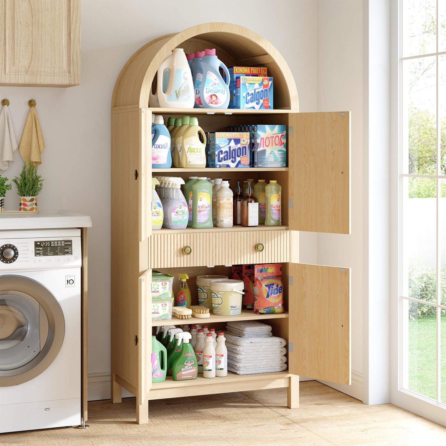 Apicizon 70" Tall Arched Kitchen Pantry Cabinet, 6-Tier Modern Fluted Wood Storage Cabinet with Doors Drawer & Adjustable Shelves, Farmhouse Cupboard Organizer for Dining Room, Bathroom, Natural
