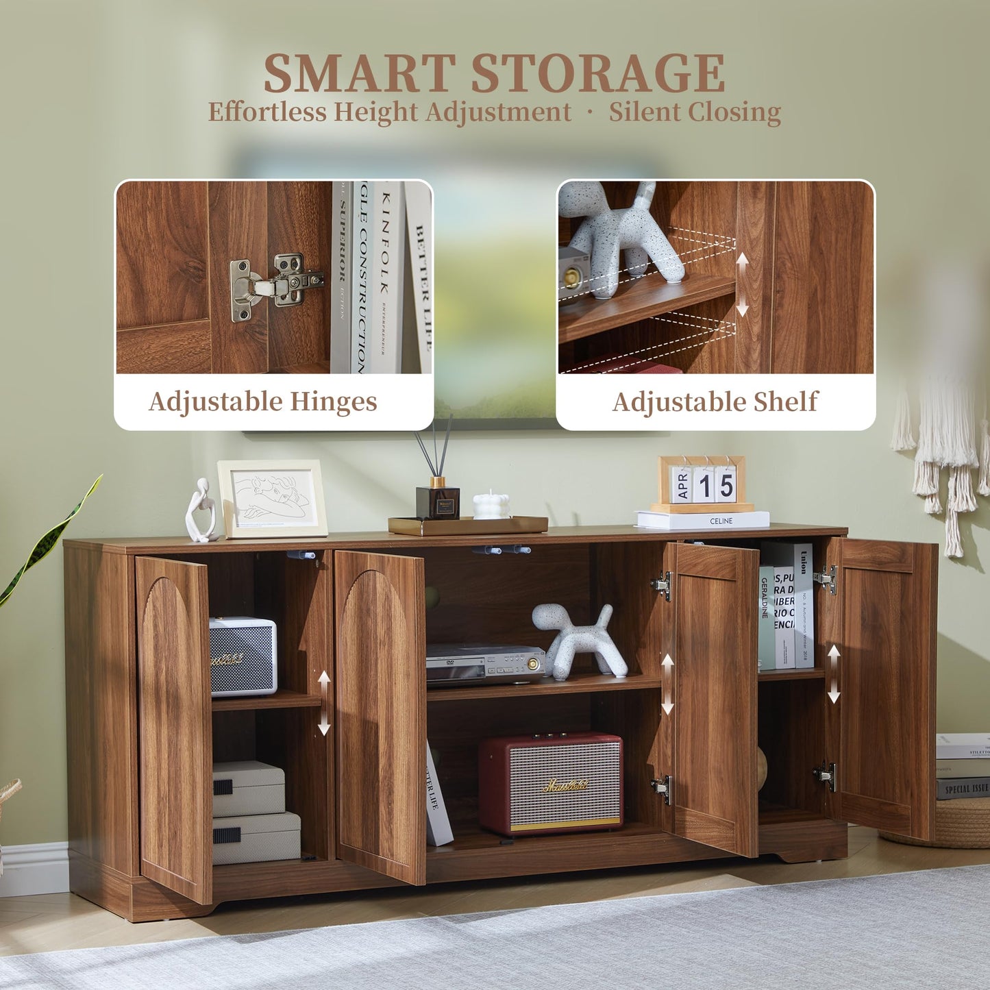 Bifins 62.2 Inch TV Stand for TVs up to 70 Inches, Tall Entertainment Center Cabinet with 4 Fluted & Arched Doors and Cable Management for Living Room Bedroom, Walnut