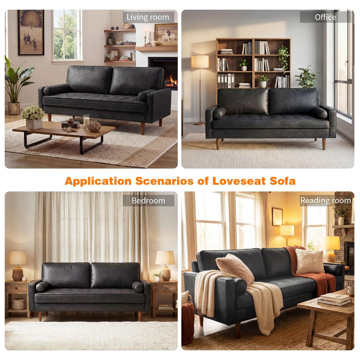 Meeyar 70" Mid-Century Modern Sofa Couch – Faux Leather Loveseat Sofa with Deep Seat & Solid Wood Frame – Includes 2 Accent Pillows – Black Living Room Bedroom Office (Black, 70 inches)