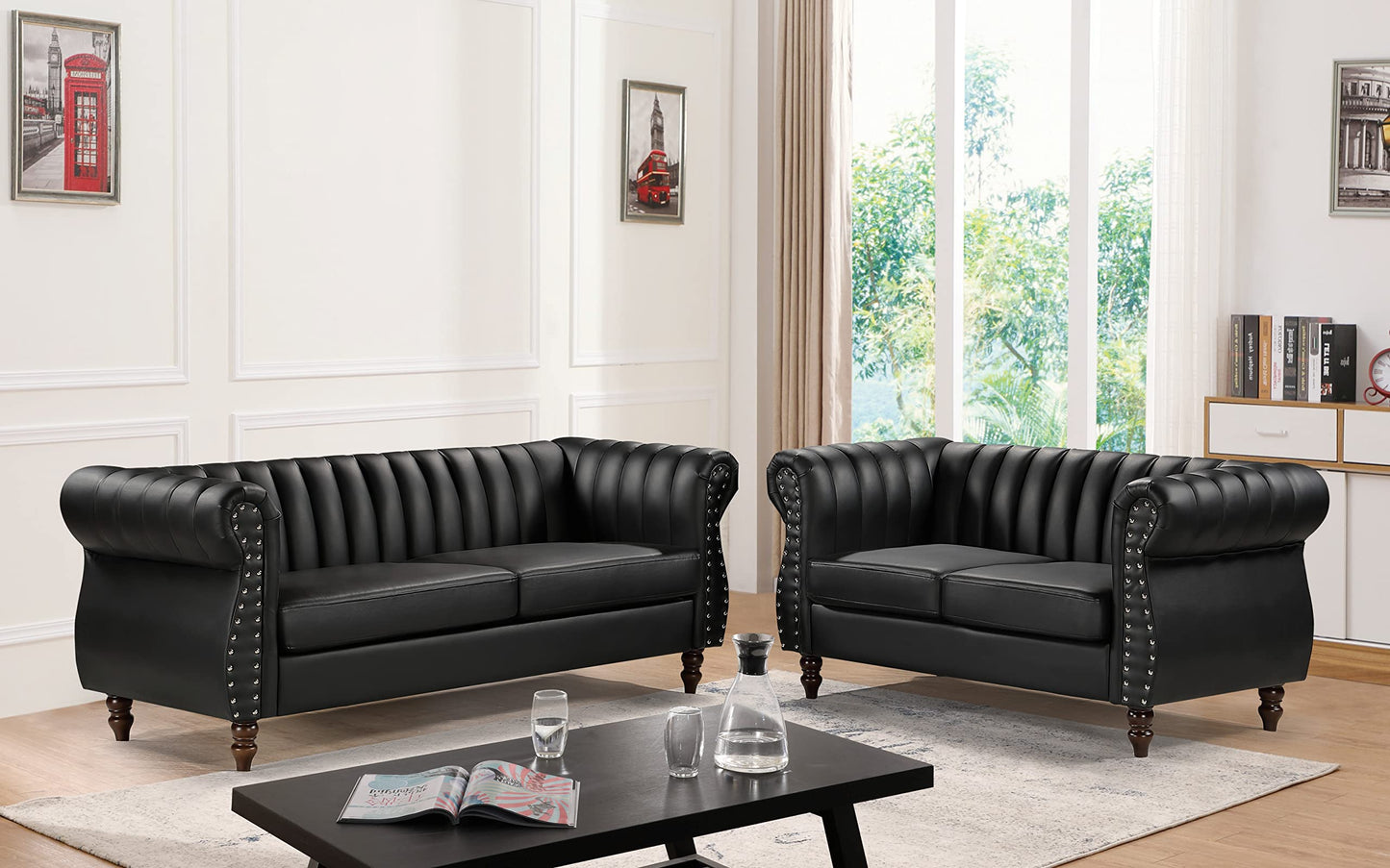 Container Furniture Direct Chesterfield-Inspired 60" Faux Leather Loveseat, 2 Seater Living Room Couch with Elegant Design, Gourd Legs, and Sustainable Pleather Upholstery, Black
