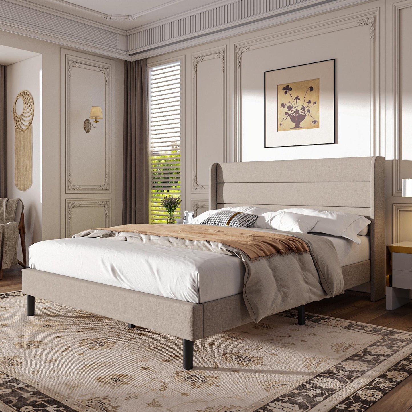 Mxhtcewz Queen Size Upholstered Platform Bed Frame, Modern Linen Fabric Bed with Wingback Headboard, Sturdy No Wobble, Noise-Free & Easy Assembly, No Box Spring Needed, Beige