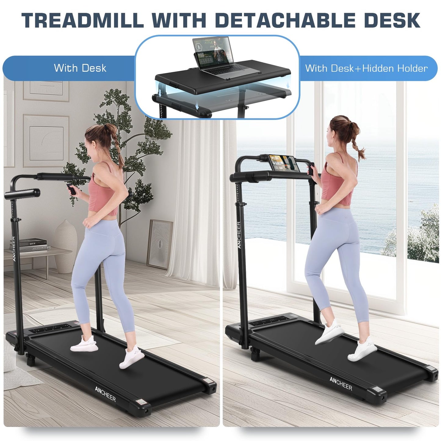 ANCHEER 15% Incline Walking Pad Treadmill with Desk Workstation & Adjustable Height, Portable Treadmills for Home 450 lbs Weight Capacity, 3.5HP Quiet Walking Pad with Desk, Installation in 4 Steps