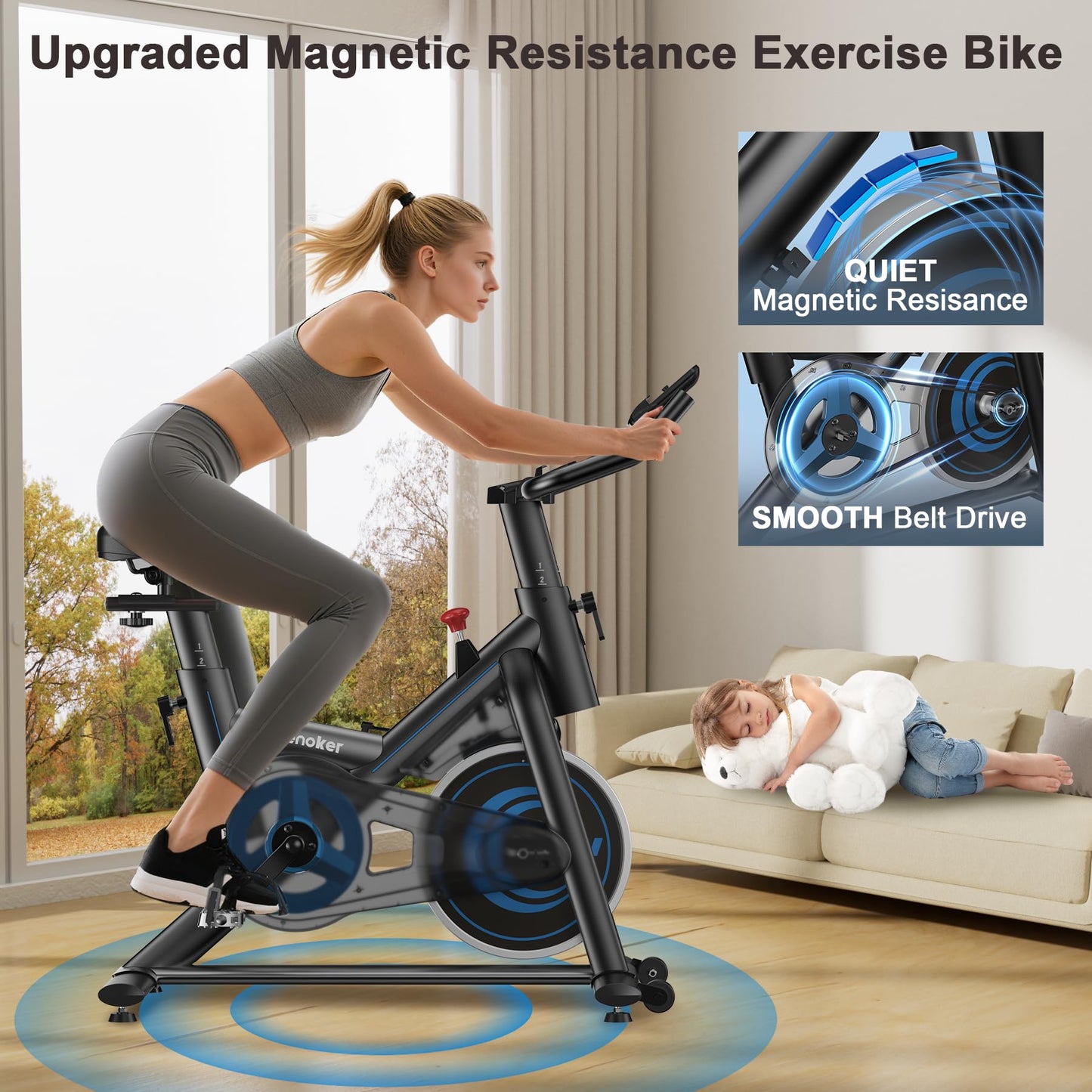 Exercise Bike – 350LB Magnetic Resistance Stationary Bike, Silent Indoor Cycling Bike with App Sync, Adjustable Seat, LCD Monitor, Smooth & Quiet for Cardio Workout