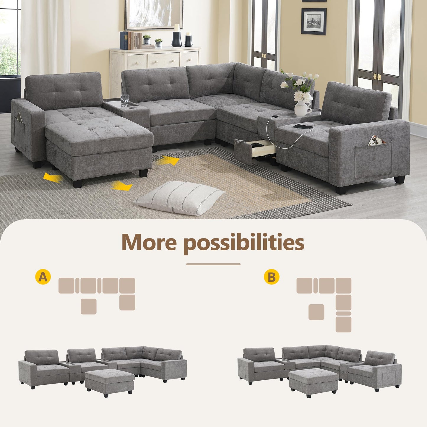 ERYE 104-Inch Oversized Tufted Corner Sectional Sofa 6 Seat Modular Convertible Sofa Couches W/Charging Station, Movable Ottoman, Storage Console,Drawers for Home/Apartment