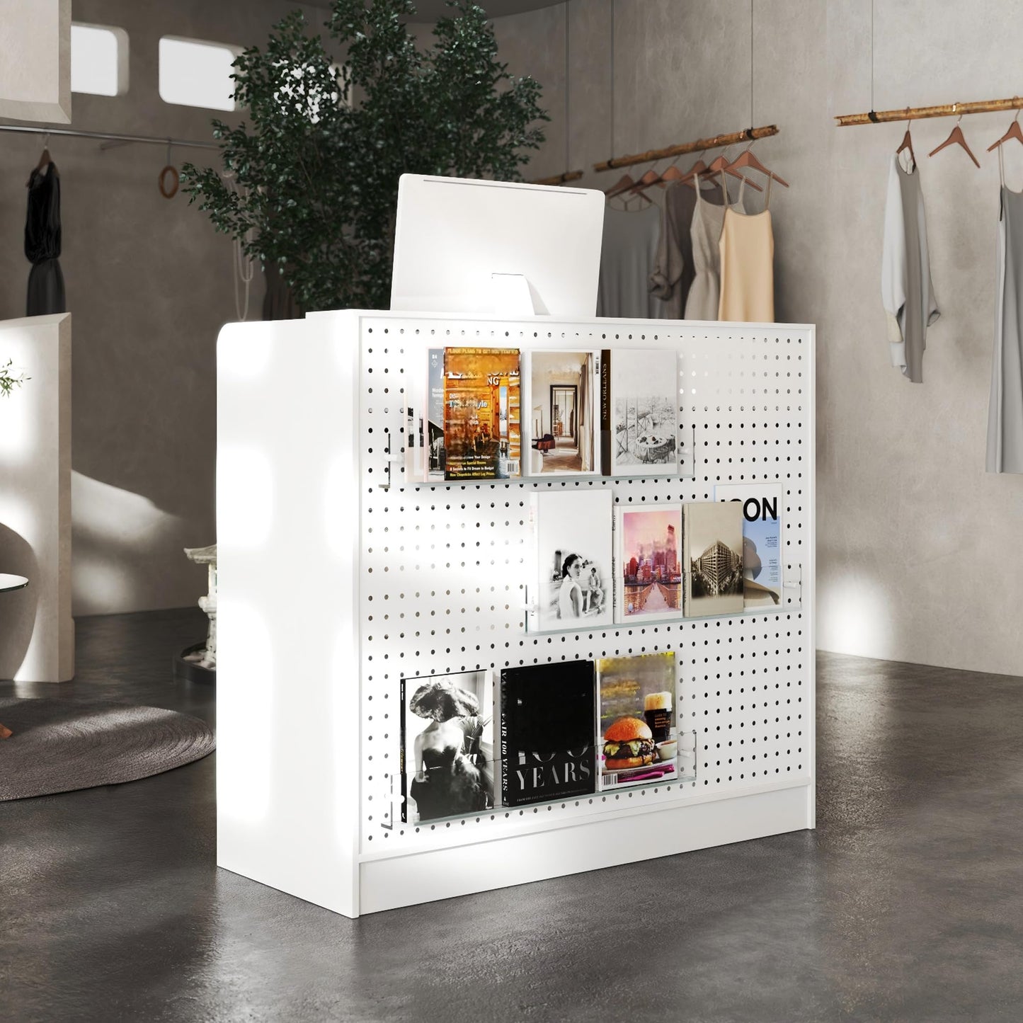 ROMSHINE Reception Desk with Counter, Lockable Drawers and Pegboard, 47.2 inch Wide Front Desk Modern Reception Room Table, Checkout Counter Salon Reception Table, White