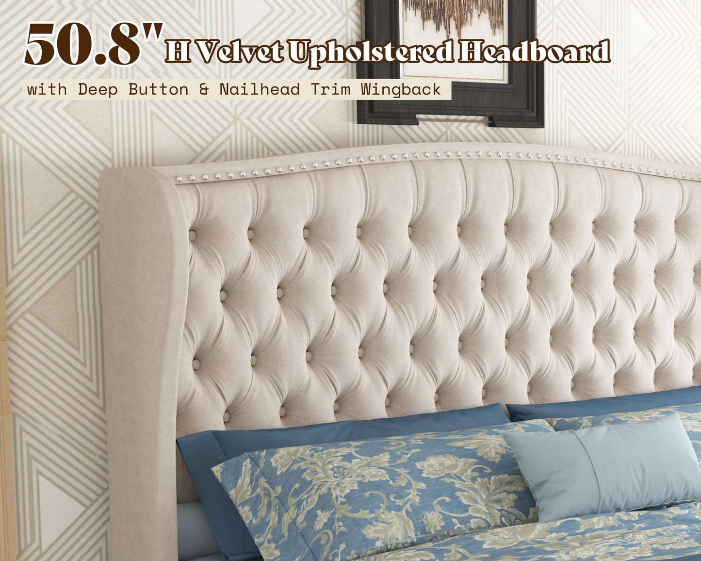 AMERLIFE King Size Adjustable Bed Frame with 51" H Velvet Upholstered and Deep Button Tufted Headboard, Electric Bed with Dual Motor/Nailhead Trim Wingback, No Box Spring Needed, Cream