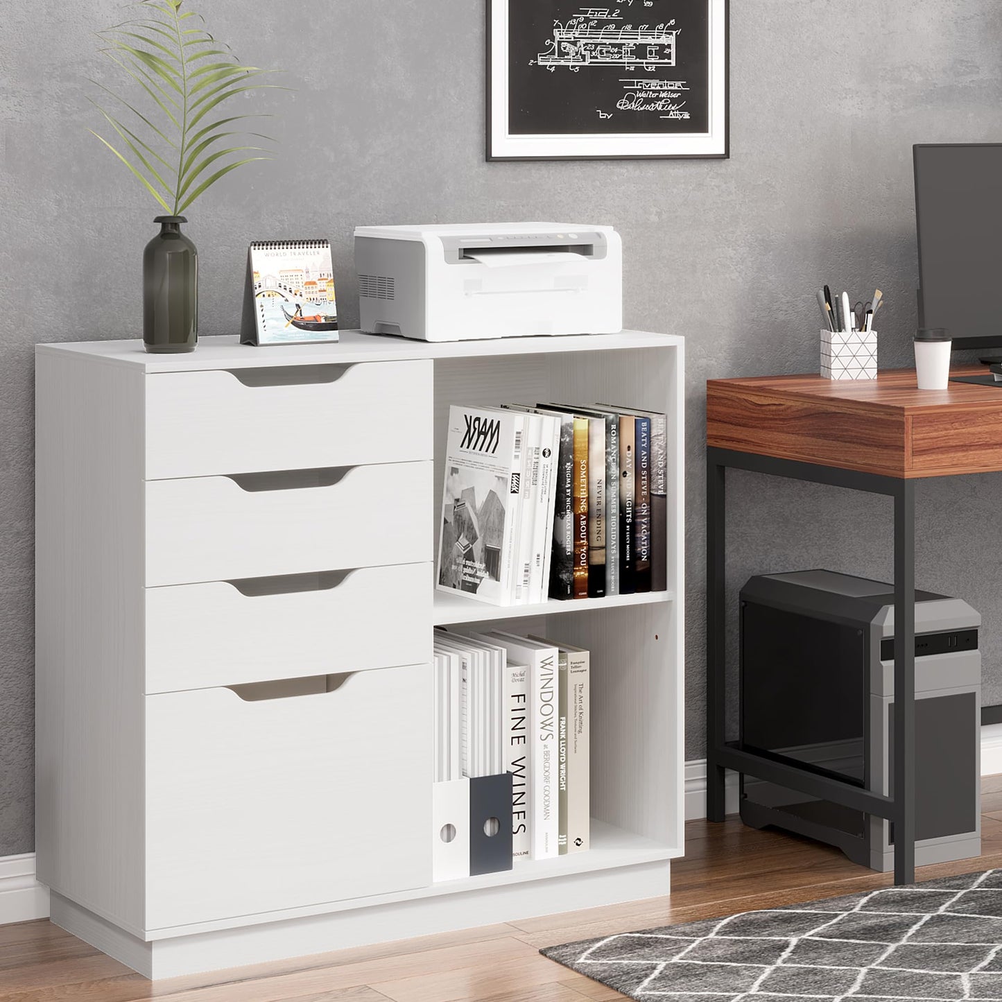 TQVAI 4 Drawer Filing Cabinet Organizer with 2 Open Shelves, Heavy Duty for Storing Letter A4 Size and Printer, Wood Lateral File Cabinets for Home Office, Hanging Files, White, Easy Assembly