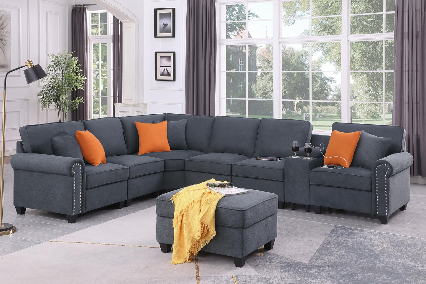 Ball & Cast 127" L-Shaped Sectional Couch with Movable Ottoman & Nailhead Trim Armrest,7 Seat Chenille Upholstered Sofa W/ 2 Cup Holder,USB Port&Hidden Storage Box,DIY Combination,for Living Room,Gray