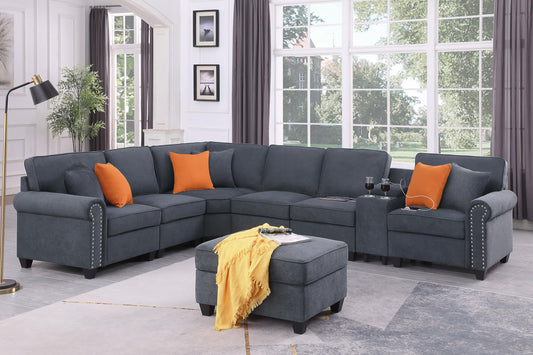 Ball & Cast 127" L-Shaped Sectional Couch with Movable Ottoman & Nailhead Trim Armrest,7 Seat Chenille Upholstered Sofa W/ 2 Cup Holder,USB Port&Hidden Storage Box,DIY Combination,for Living Room,Gray