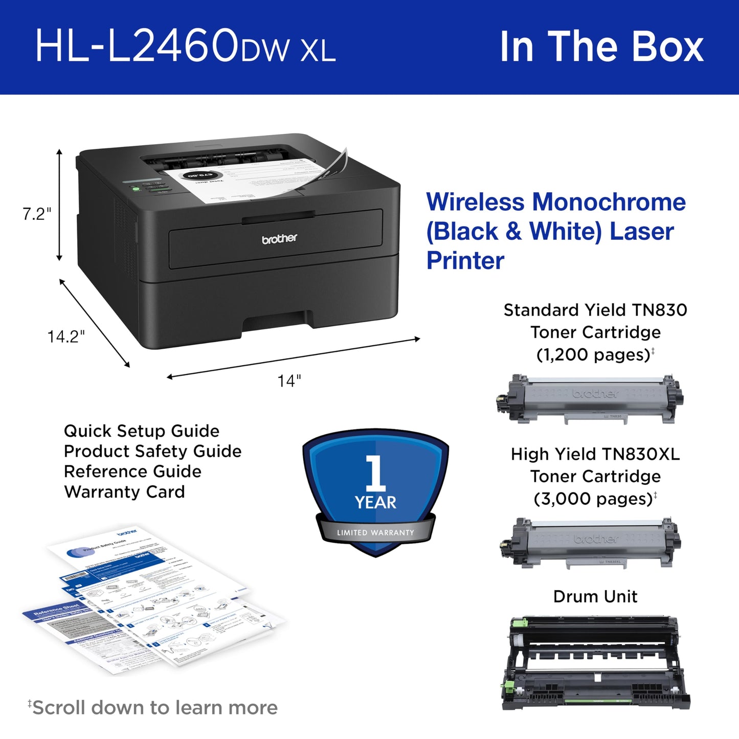 Brother HL-L2460DWW XL Wireless Compact Monochrome Printer with Duplex Copy & Scan, Fax, Black & White | Up to 4,200 Pages of Toner Included(1), Works with Alexa