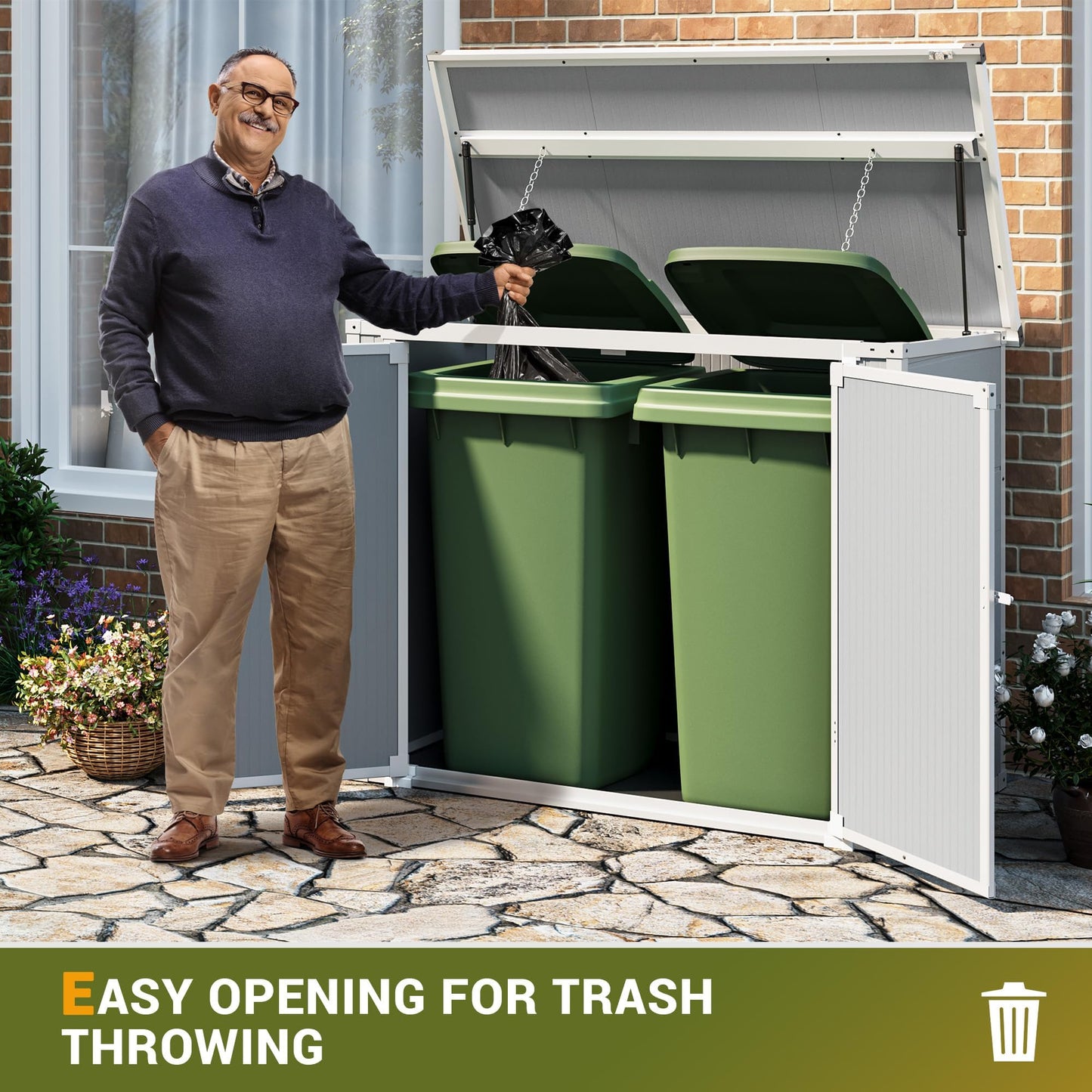 Storage Shed Outdoor Weatherproof Resin Storage Shed with Floor 41 Cu.Ft with Gas Spring, Lockable Doors for Trash Can Storage, Garden Tools, Suitable for patios, Poolside（Light Grey）