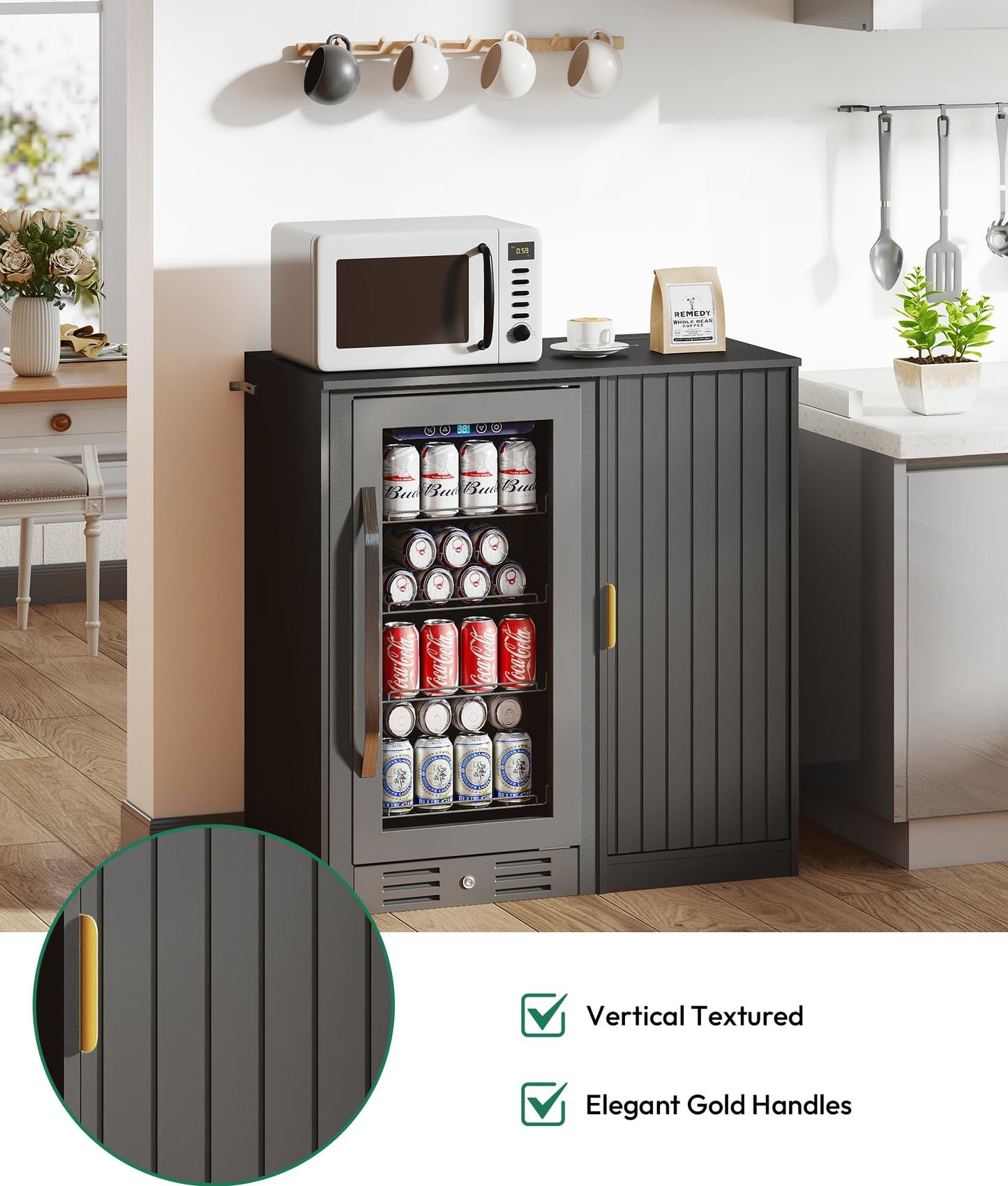 Lamtor Mini Fridge Cabinet with Storage - Snack Bar Cabinet with Power Outlet, Fluted Coffee Bar with Mini Fridge Space for Home Theater,Game Room,Living Room, Black