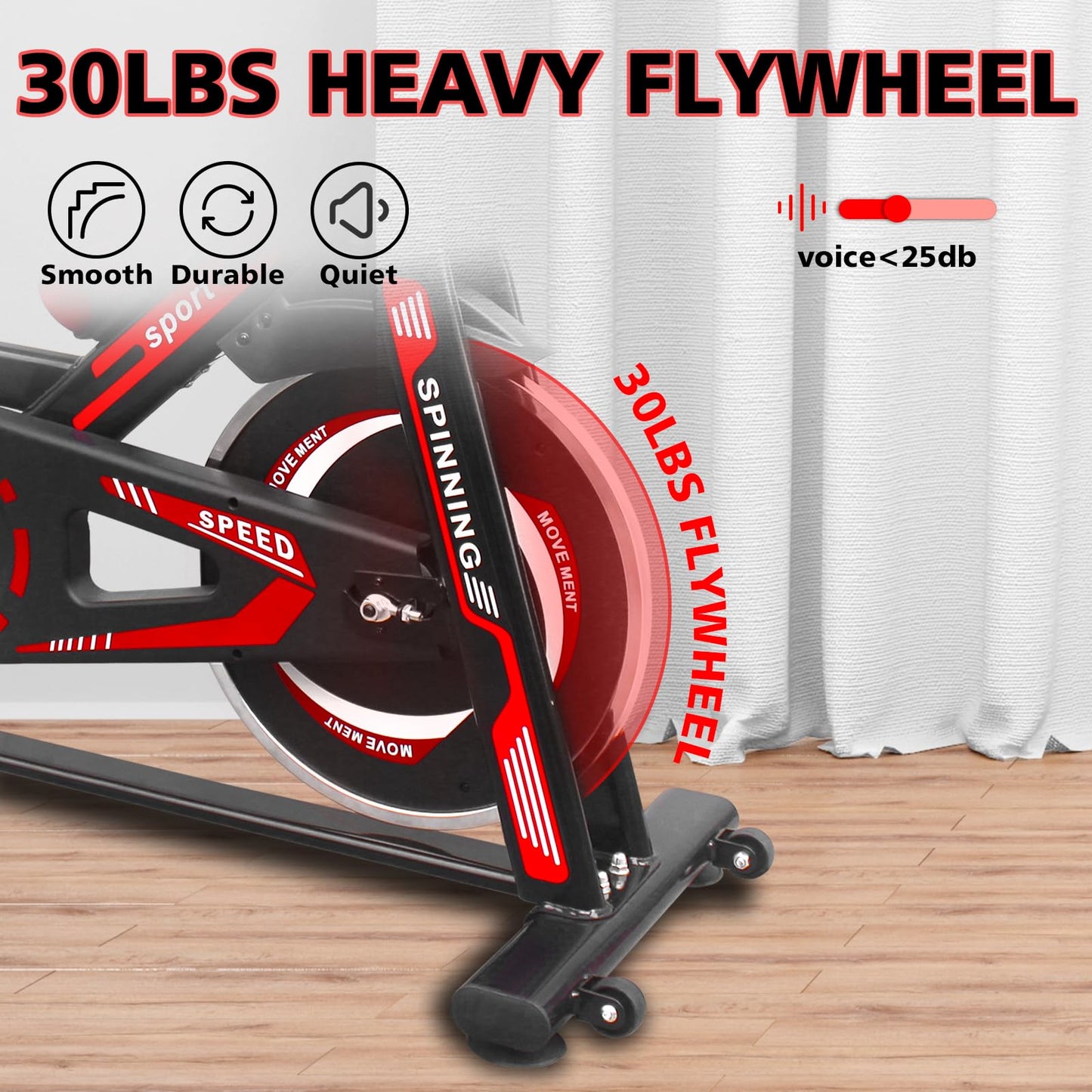 Indoor Exercise Bike Cycling Bike, Heavy Duty Steel Frame 30LB Flywheel Stationary Bike with Adjustable Seat & Handlebars, LCD Display, Tablet Holder, Quiet Belt Drive Cardio Fitness Bike Black Red