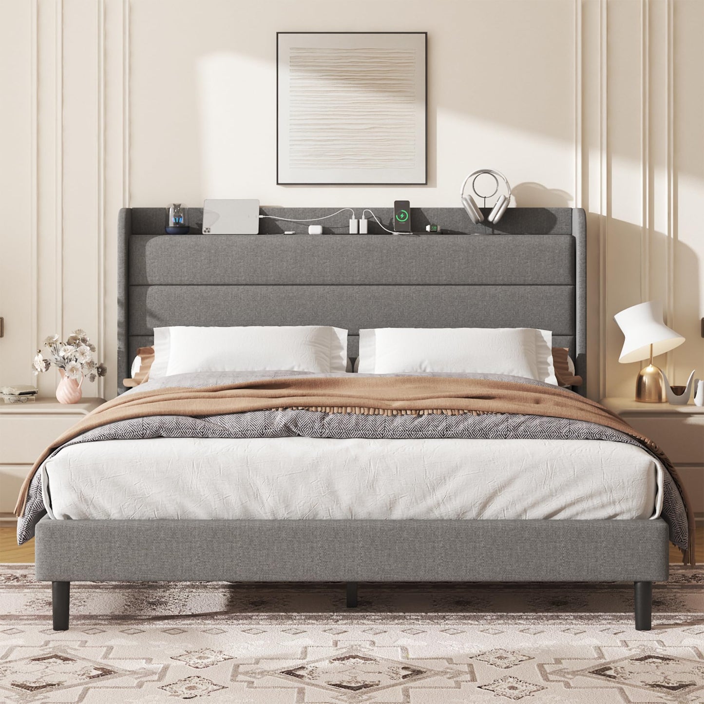 Lcwtvgxr Queen Size Linen Multifunctional Bed Frame, Wingback Headboard with Charging Station & Storage Shelf, Upholstered Platform Bed, Noise Free, No Box Spring Needed, Easy Assembly, Grey