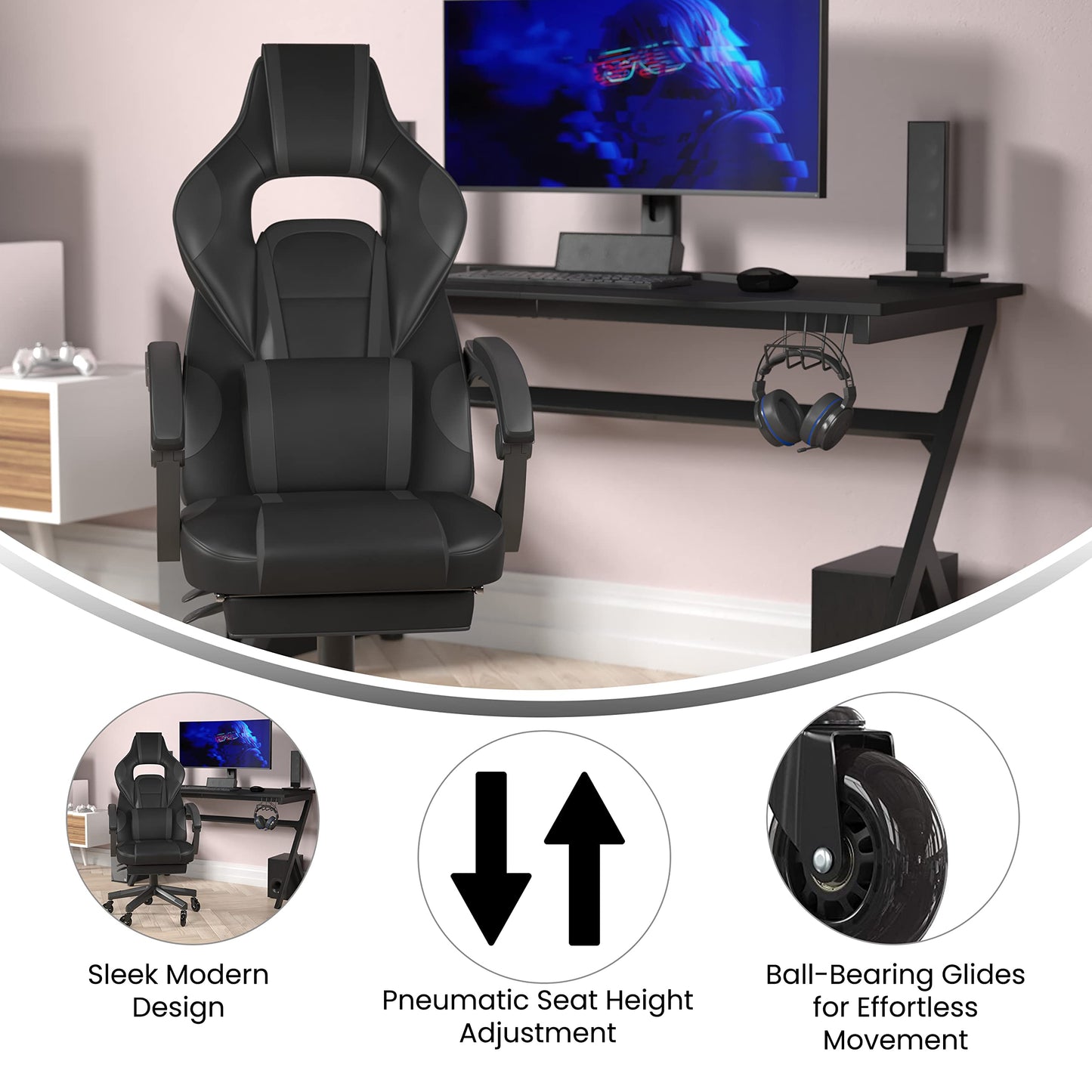 Flash Furniture X40 Gaming Chair Racing Computer Chair with Fully Reclining Back/Arms and Transparent Roller Wheels, Slide-Out Footrest, - Black/Gray
