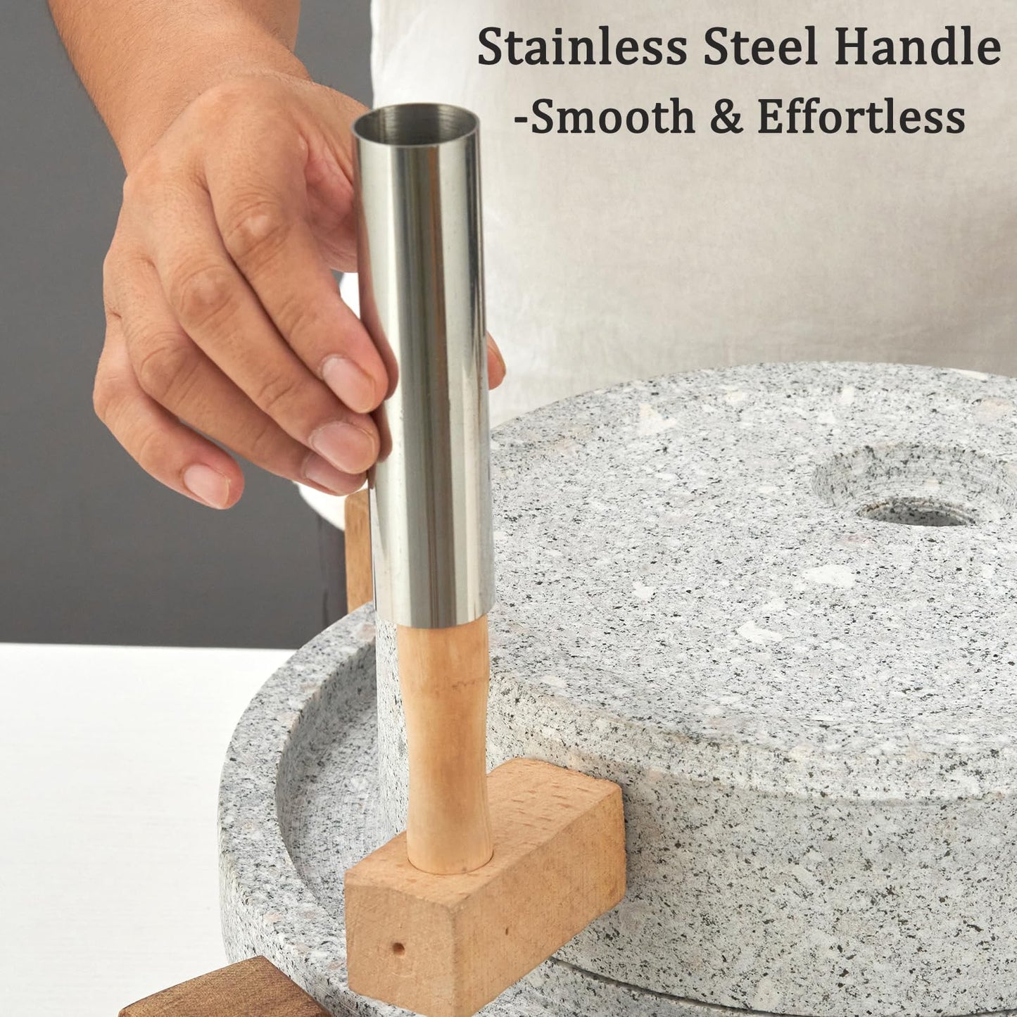 Stone Grain Mill - Manual Flour Mill with Stable Wood Base, Natural Granite Stone Grinder Mill for Dry & Wet Use, Home Kitchen Tool (9.8 x 13.8 inch)