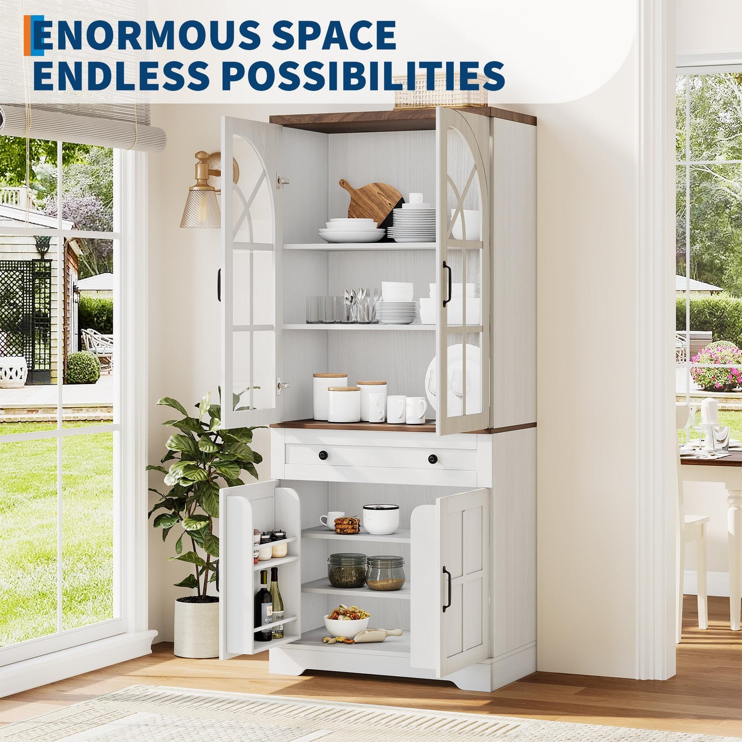 Garvee Farmhouse Pantry Cabinet, 71.9" Tall Freestanding Kitchen Cabinet with Tempered Glass Doors& Anti-Tip Design for Kitchen, Dining Room & Living Room,White