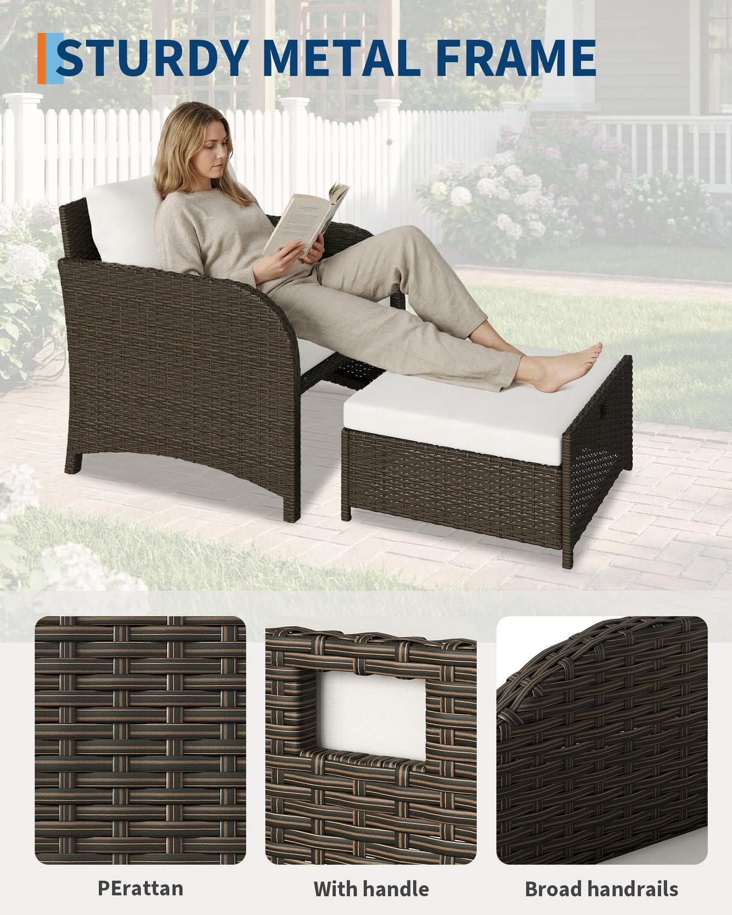 GarveeLife Balcony Furniture 5 Piece Patio Conversation Set, PE Rattan Wicker Outdoor Lounge Furniture with Hidden Ottomans, Soft Cushions & Glass Coffee Table for Porch, Backyard, Balcony, Beige