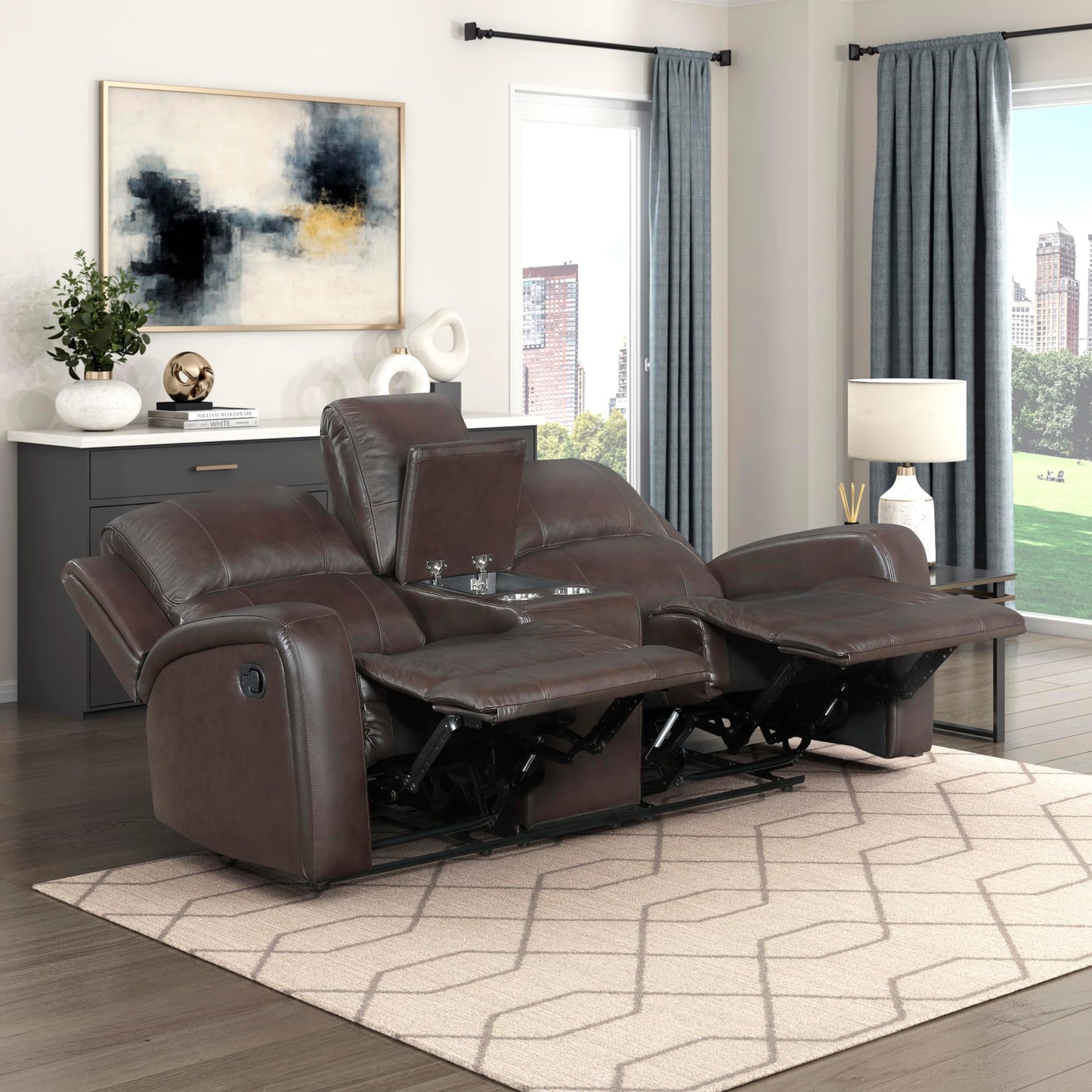 Lexicon Manual Double Reclining Loveseat with Center Console, Top Grain Leather Match Wall Hugger Recliner Loveseat, Storage, Cup Holders, High Density Foam Over Pocket Coils, for Living Room, Brown