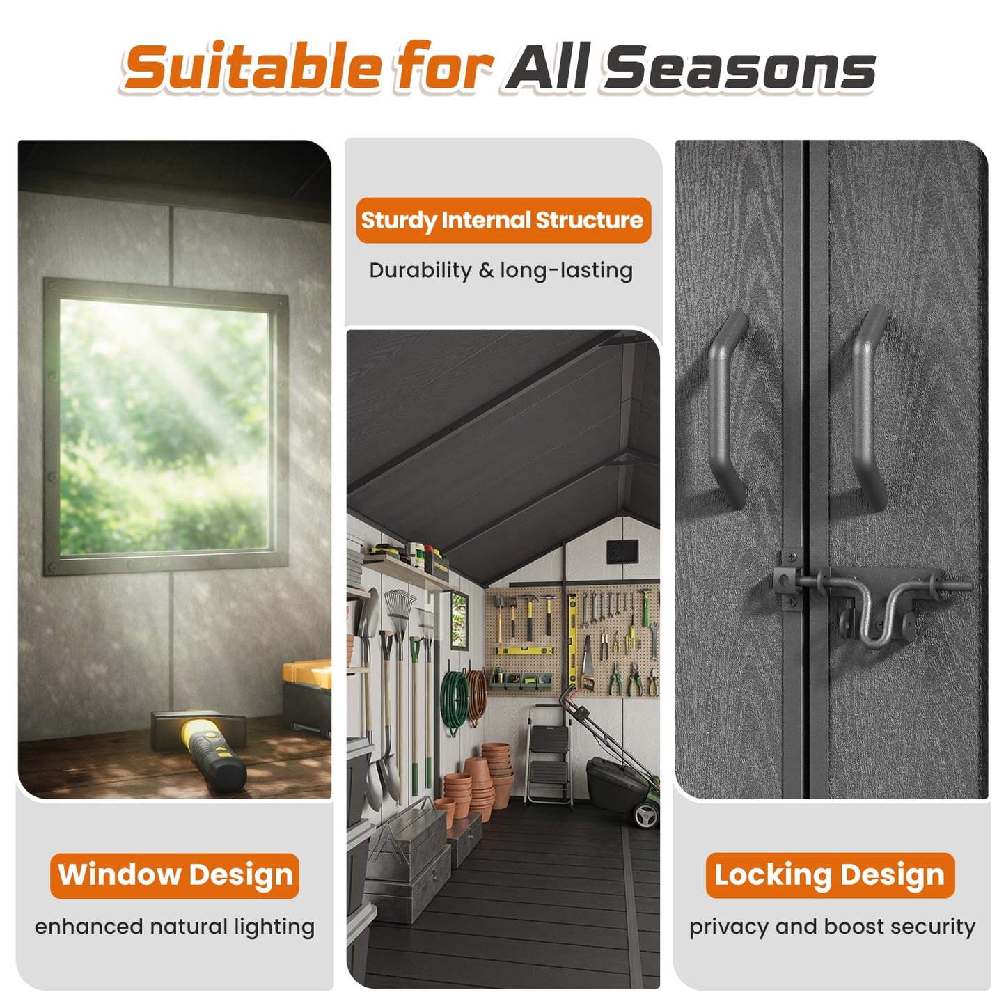 Jocoevol Outdoor Storage Shed, 8x12FT Resin Shed with Floor/Windows/Lockable Door/Vents, 15mm Thickened Heavy Duty All-Weather Garden Tool Shed for Backyard, Patio, Lawn, Gray
