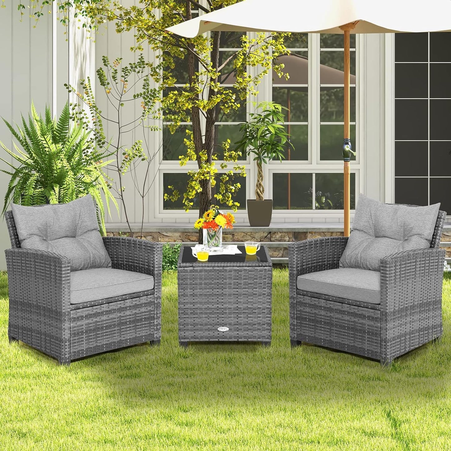 LDAILY Patio Furniture Set, 3 Pieces PE Rattan Wicker Patio Sofa Chairs with Washable Cushion & Glass Table, Outdoor Furniture Conversation Sets for Porch, Balcony, Garden, Poolside (Gray)