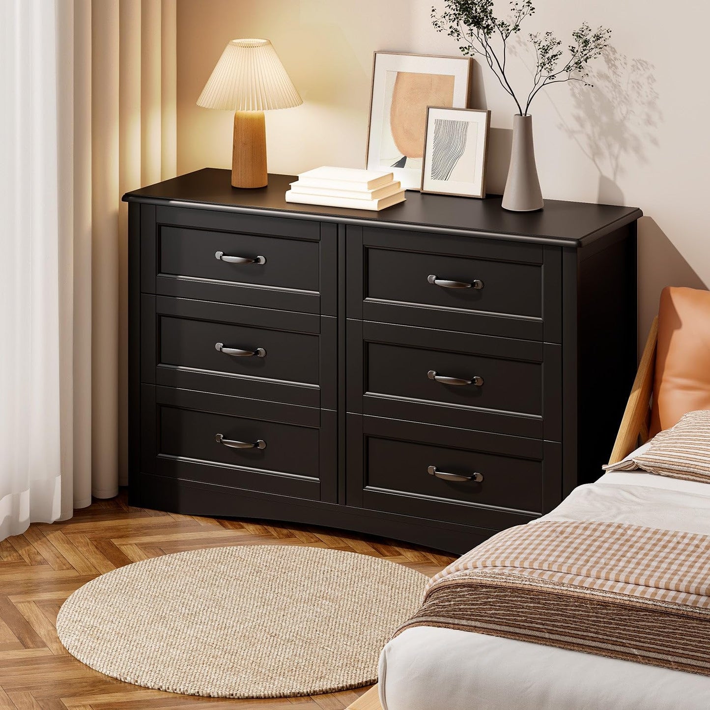 Gizoon 6 Drawer Dresser for Bedroom，47'' Larger Chest of Drawers with Mental Handle for Kids Room, Black Dresser with 6 Storage Drawers for Living Room, Entryway and Hallway, Black