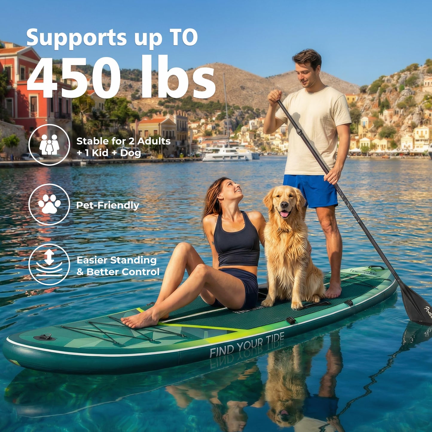 PRAISUN 12’ x 35” Inflatable Paddle Board, 450lbs Extra Wide Stand Up Paddleboard for Youth/Adults of All Skill Levels, Stable SUP with Seat & Full Kit, for Fishing, Yoga, Lake & Ocean, Green