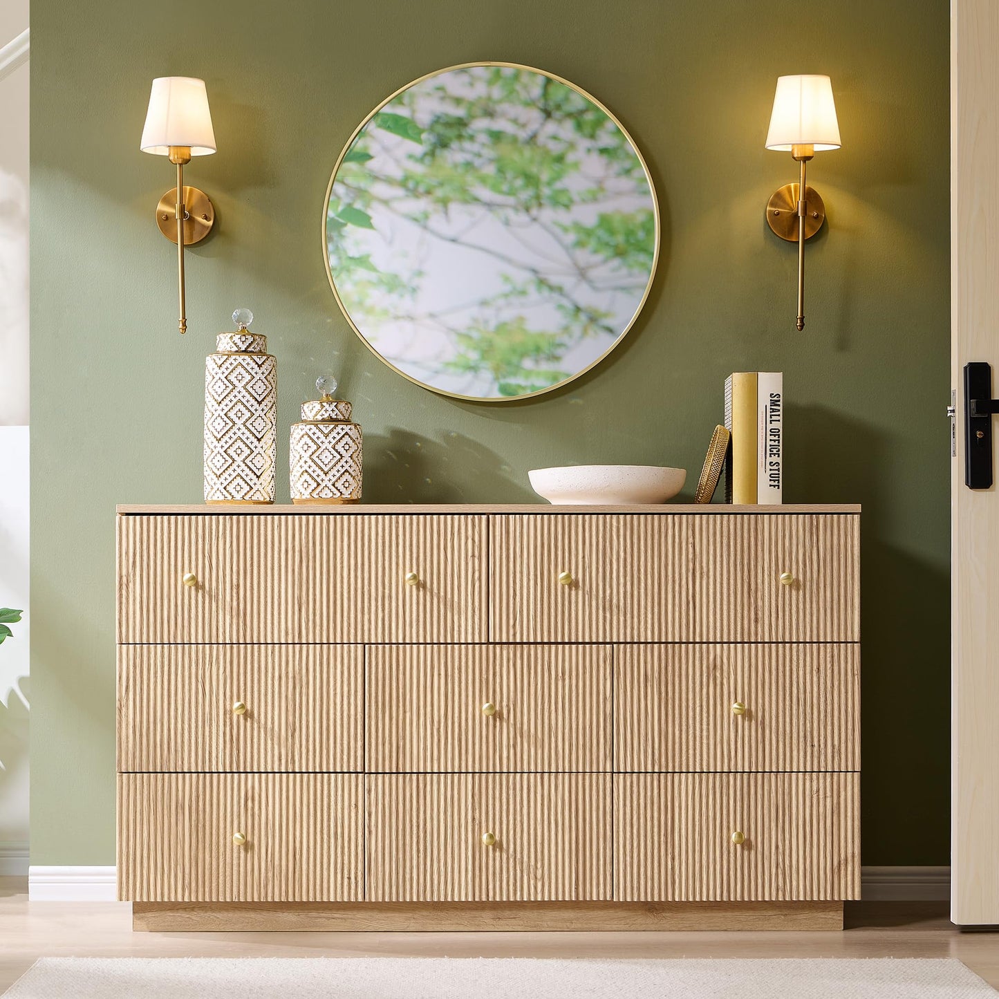 Fluted 8 Drawers Dresser for Bedroom, 55" W Modern Dressers & Chest of Drawers with Metal Handle, Wood Closet Clothes Storage Organizer,Storage Dressers Organizer for Hally/Living Room, Natural