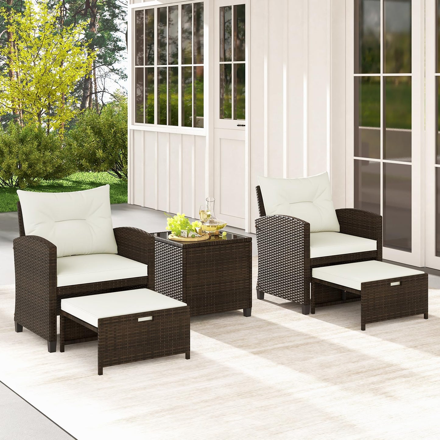 Tangkula 5 Pieces Patio Conversation Set, PE Wicker Outdoor Furniture Set with 2 Chairs, 2 Ottomans & Tempered Glass Coffee Table, Ideal for Poolside, Backyard, Lawn, Deck, Mix Brown & Off White