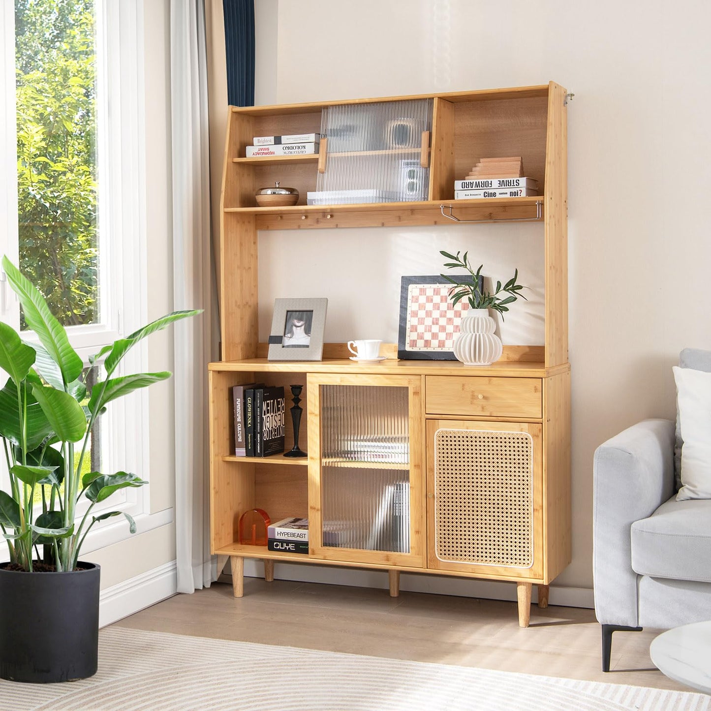 Giantex Pantry Cabinet, 69" Bamboo Hutch Cabinet with Storage, Drawer, Microwave Countertop, Glass Holder, Freestanding Buffet Sideboard with Rattan Door, Tall Cupboard for Kitchen Coffee Bar