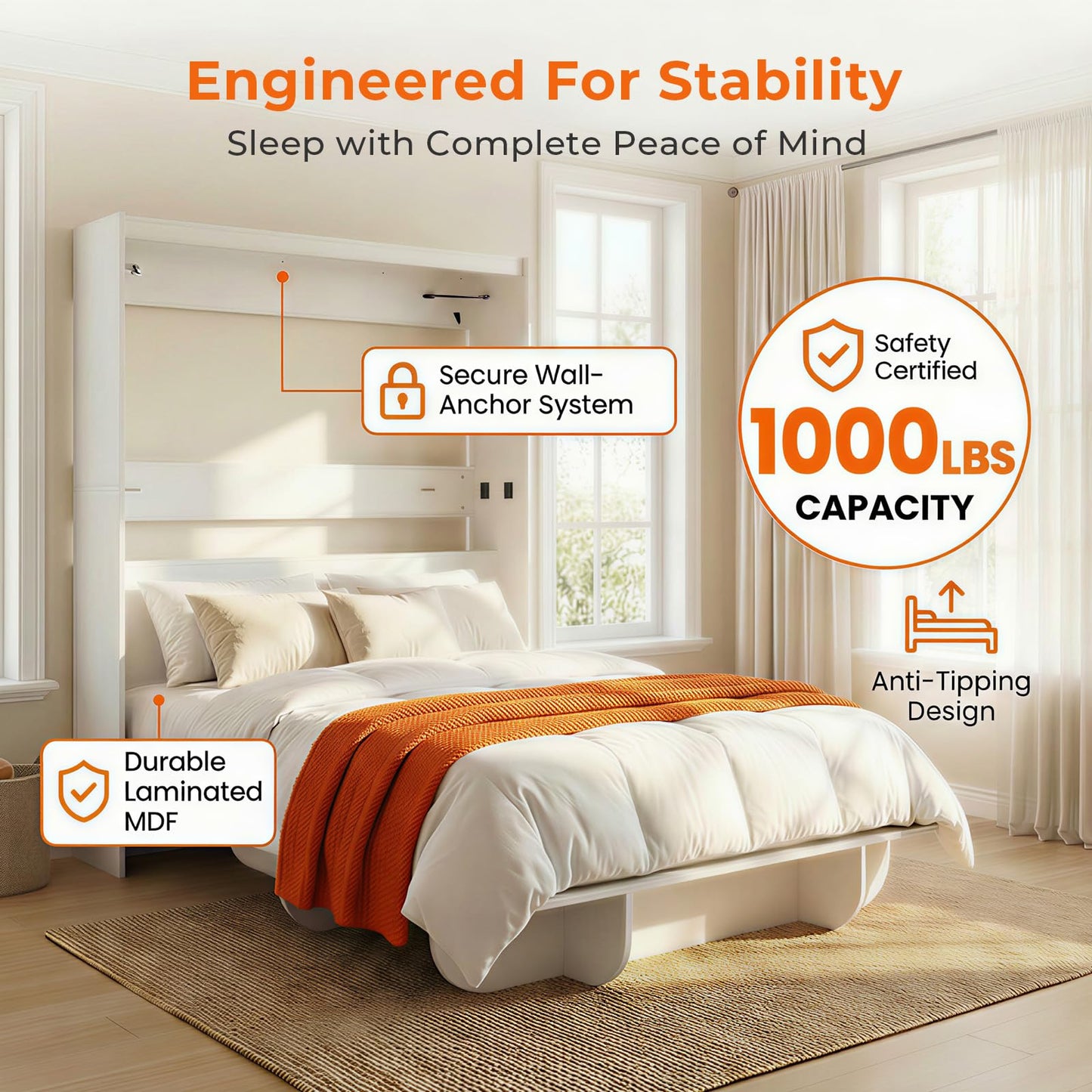 CECER Queen Size Wall Murphy Bed with Storage Shelf，Queen Murphy Cabinet Bed with Bookshelf，Space-Saving Wall Beds Cabinet Beds for Guest Room/Bedroom-White