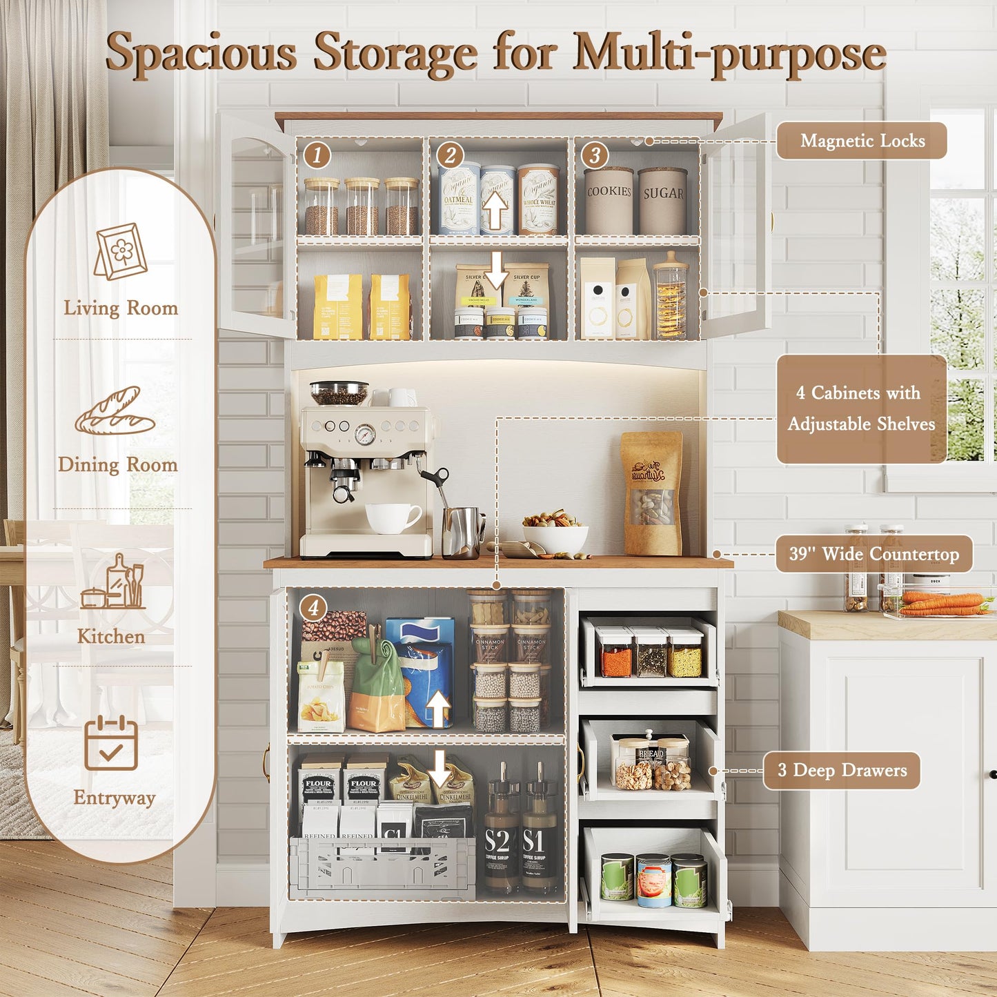 Garvee 71" Kitchen Pantry Cabinet with LED Lights & Charging Station, Farmhouse Kitchen Hutch Storage Cabinet with Countertop, 3 Drawers, 4 Doors, Adjustable Shelves for Dining Room, White