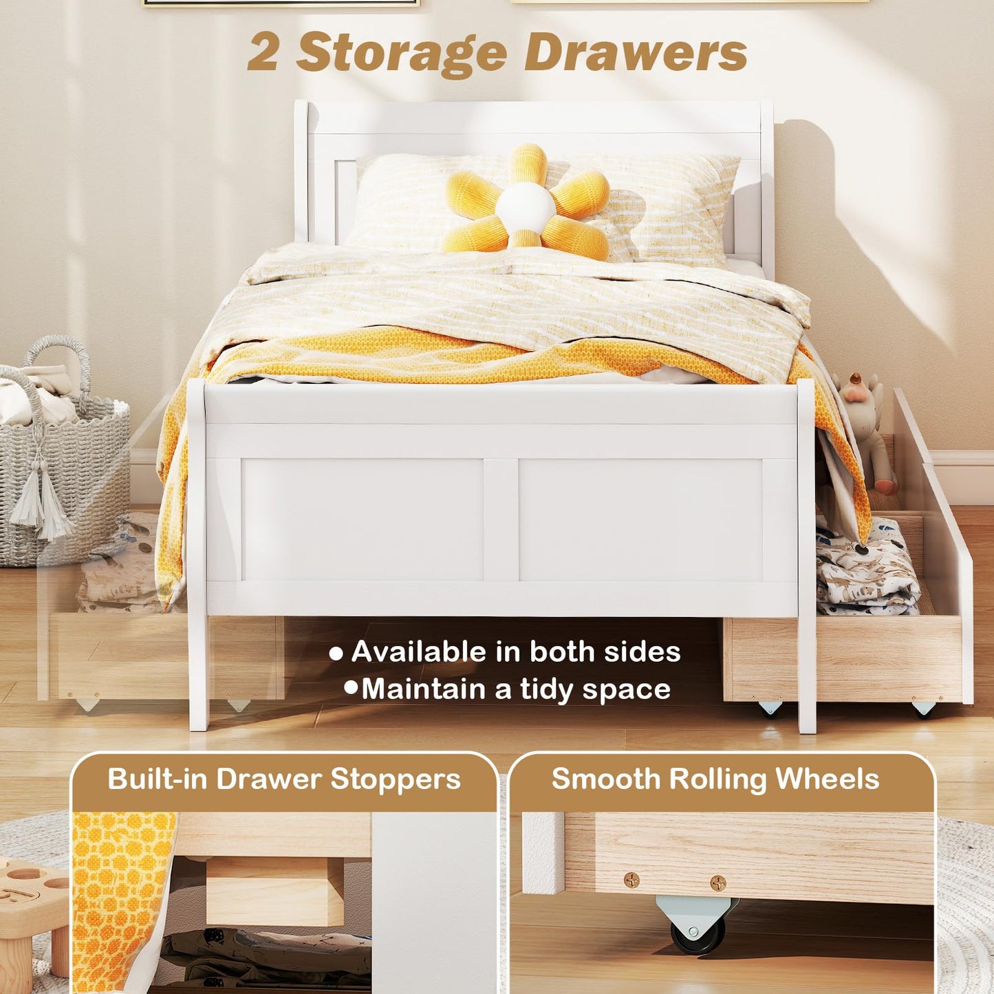 Giantex Twin Bed with 2 Storage Drawers, Wood Platform Bed with Headboard & Footboard, Wooden Slats Support Mattress Foundation, Twin Bed Frames for Kids Teens Adults, No Box Spring Needed (White)