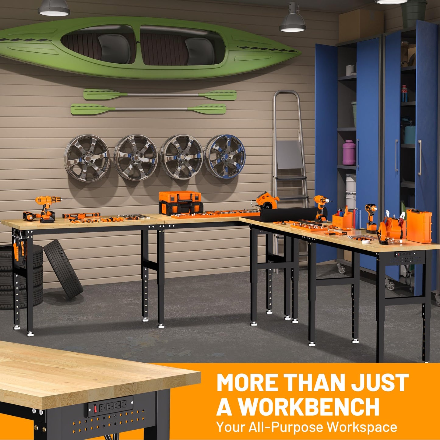 96" Adjustable Workbench, 5000 Lb Capacity Heavy-Duty Work Bench Table with Power Outlet & Pegboard, Rubber Wood Top Garage Work Table for Workshop, Garage, Office