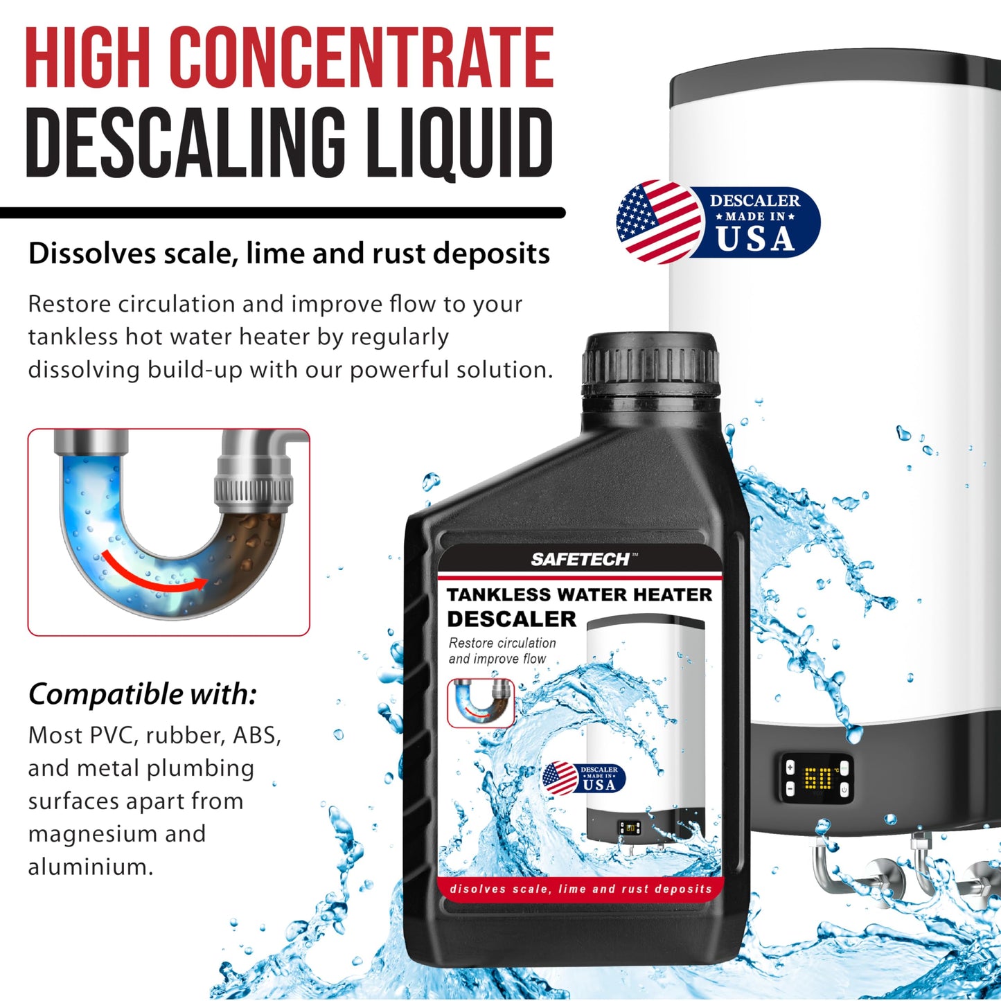 Safetech Tankless Water Heater Flushing Kit with 5-Gallon Screw-Top Lid, Premium Hoses, 1/6 HP Utility Pump, 4 Quarts Descaler, and Pump Grate