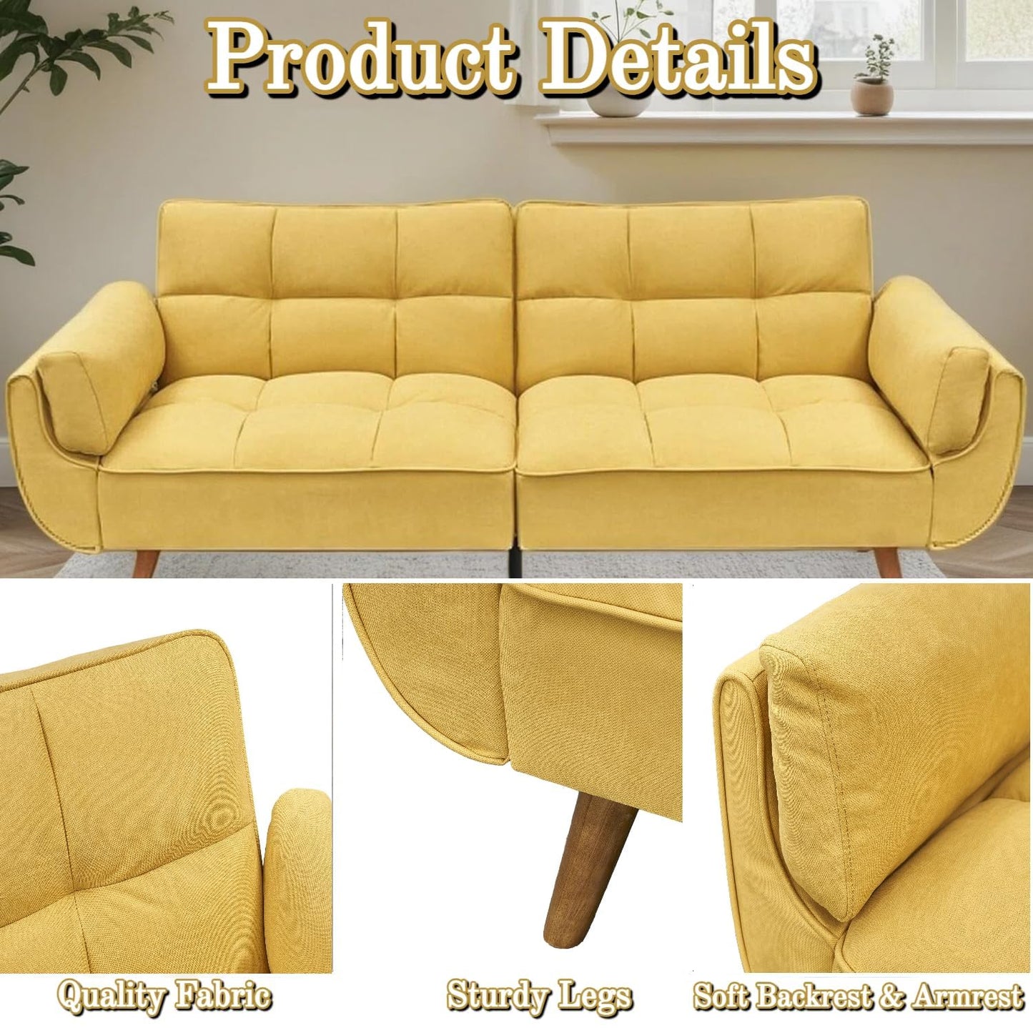 Trygoal Convertible Futon Sofa Bed, Modern Futon Couch with 2 Pillows, Small Futons Couch with Adjustable Armrest & Backrest, Loveseat Sofa Bed for Living Room, Bedroom, Yellow