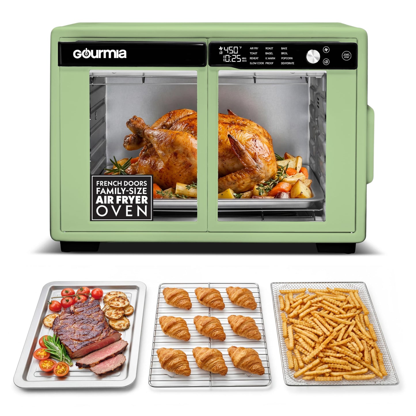 Gourmia French Door Air Fryer Oven - 37 Qt Large Capacity Convection Toaster Oven, FryForce 360°, Digital Display, 12 Cooking Presets, Dehydrate, Fits 13” Pizza, Dishwasher-Safe, Green