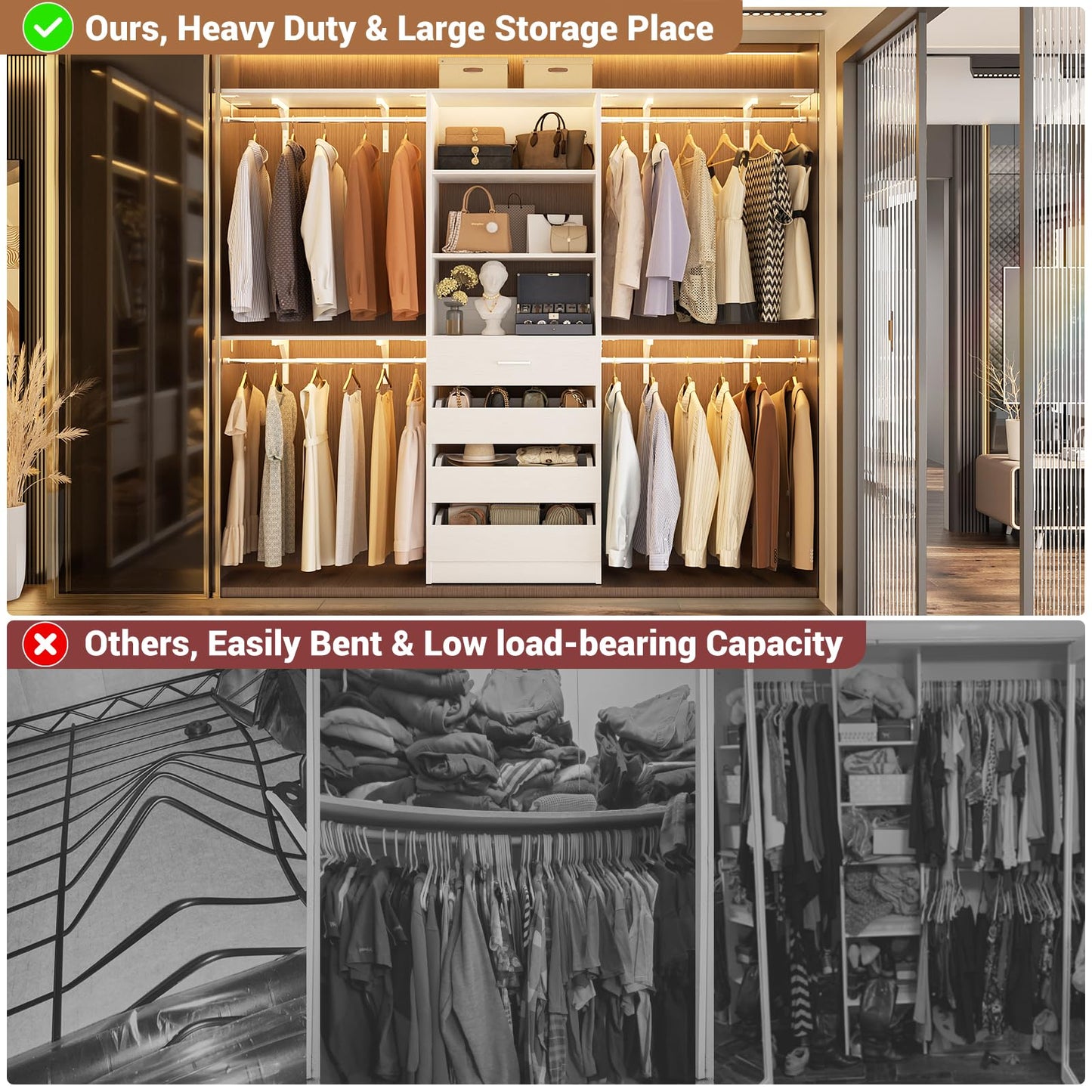 Aheaplus Closet System with 4 Drawers, 8FT Wood Closet Organizer System, 96’’ Closets Built In System Tower with Shelves, Walk-in Closets Wardrobe Clothes Garment Rack, Fits Spaces 4-9 ft, White
