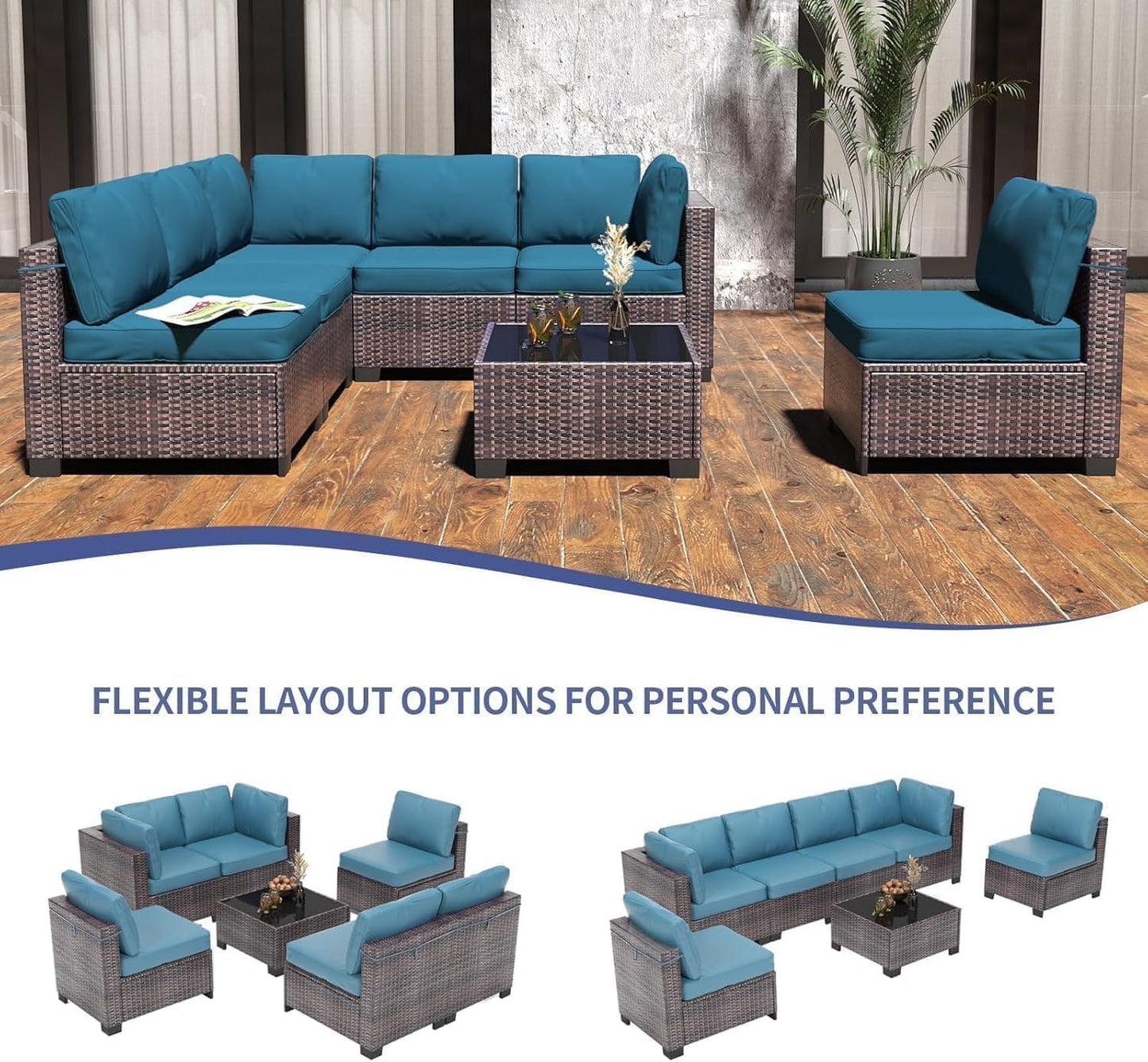 6 Piece Sectional Rattan Sofa with Glass Top Coffee Table, Patio Rattan Conversationr Sofa Set, All Weather Outdoor Patio Furniture Set and Chairs, Poolside, Garden, Porch